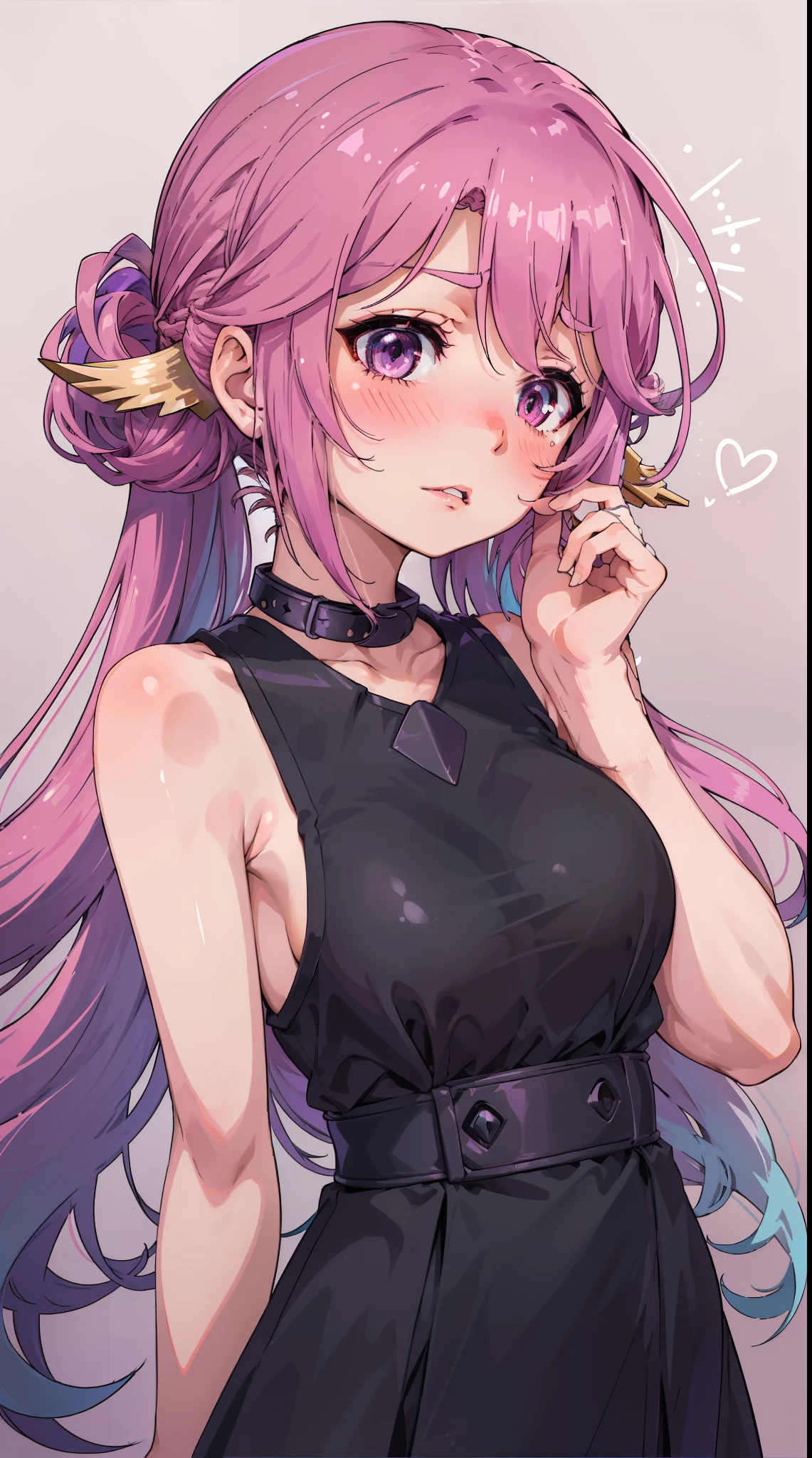 Jibril, ((upper body)), blushed, perfect anatomy, detailed eyes, detailed lips, extremely detailed eyes and face, vivid colors, sharp focus, masterpiece:1.2, ultra-detailed, blushed, ((doggystyle)), (solo), ((dress)), sleeveless, ((((random hairstyle)))), ((black collar)), authority. Multi color hair.