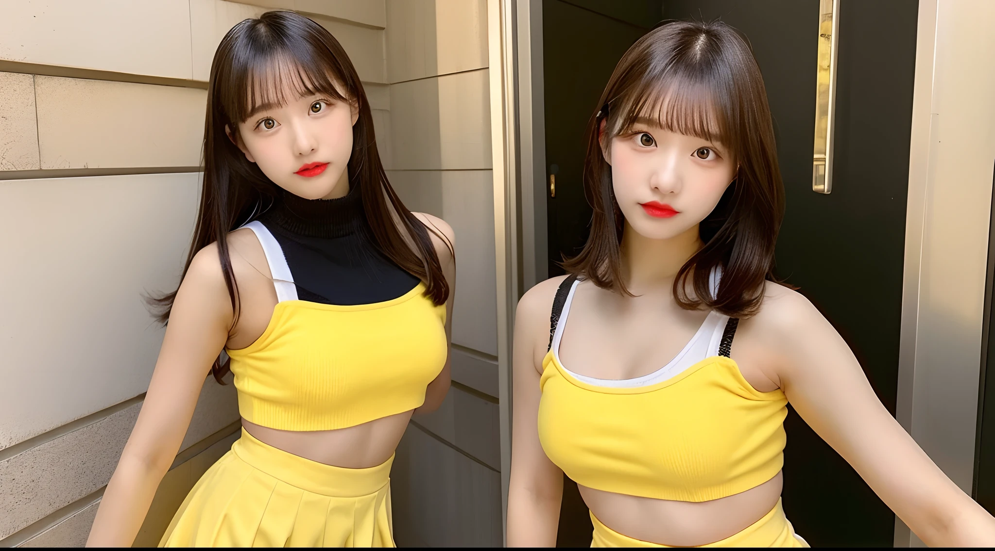 one person、whole body photos、Yellow polo shirt、Cleavage、Red mini skirt、fun、13 years old、whole body、slender、woman、White drool coming out of the mouth、Twin tails、 Fair skin,Super cute、Soft and Face、Brown Hair、8K resolution、Surreal、Ultra high definition、 Soft Body、A-cup small breasts（（Highest resolution、8k、masterpiece：1.3））、Ultra-fine face、Ultra Fine Lips、Beautiful Eyes、double eyelid,Slender figure、I can see your thighs、Shapely small breasts、Light blue wall、Looking at the viewer with his back turned、Stick your butt out、sexy