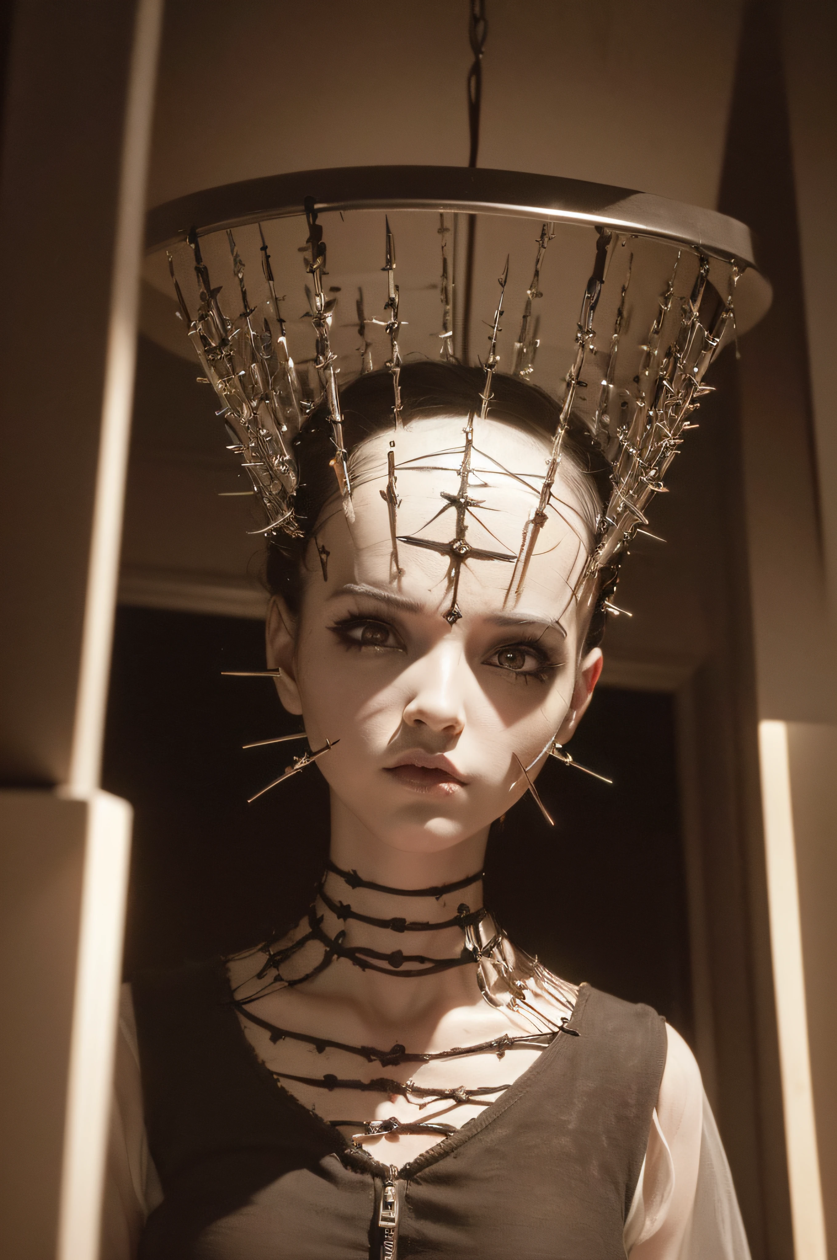 "(The best lighting, oscuro, dramatic),(Mujer alien, Hellraiser, triste, Cicatrices, , sexy, cerebro, sangre, una rata dentro de la cabeza, terror.),(ojos rojos, calaveras). morning light.