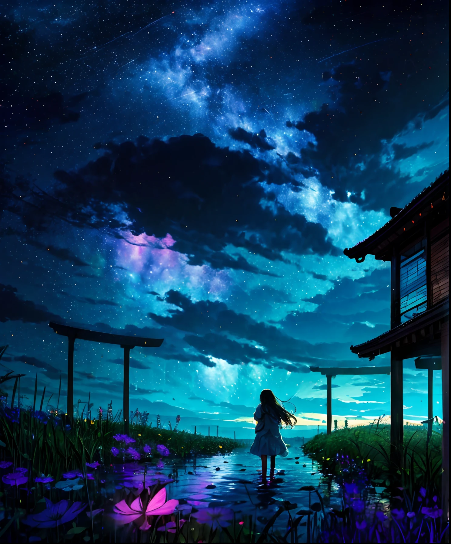 Cute girl characters、Describes a scene with grassy butterflies lying on the water flying around, Looking up at the starry sky. Surround her with colorful nebulae and her favorite constellations.