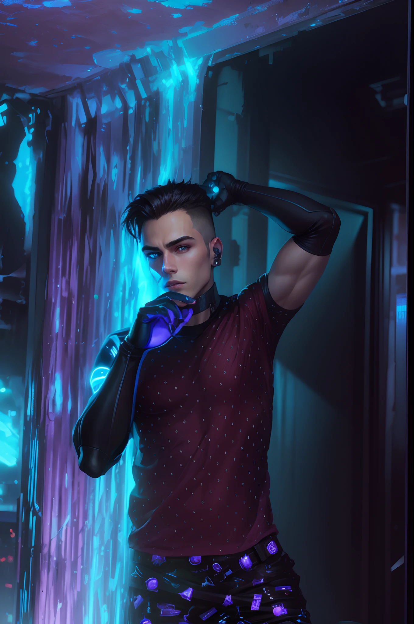 Handsome boy,teen,change background cyber punk, full clothes,neon effect,ultra realistic face,8k,head phones,rose in hand,