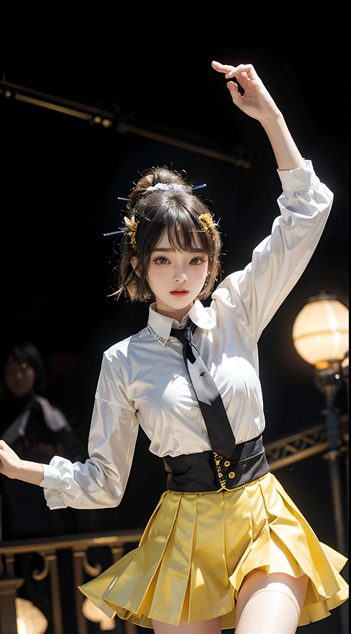 masterpiece、1 Beautiful Girl、A detailed face、A detailed eye、Detailed skin、Detailed hand、top-quality、Illuminated from the front with bright lighting、profetional lighting、Facing straight ahead、The background is a little blurry、The costumes are idol costumes like AKB48(Check short skirt、Jacket feather hair ornament、Cute tie)、Background above live stage(Dancing)、
Some parts of the costume and hair ornament are yellow、
Hairstyle is short hair、With bangs、
Age is 20 years old、
The right arm is spread wide、
The color of the eyeball is black、
Part of the hair is yellow、