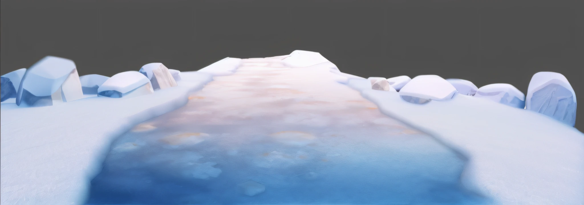 Roads covered with snow，Stones covered with snow，frozzen，cartoonish style，rendered in houdini,  highly detailed water colour 8 k, Contextureless, smooth surface render, lowpoly landscape, Displacement plot, beautiful landscape rendering, rendered in maya and houdini, high level texture render, mountain range in background