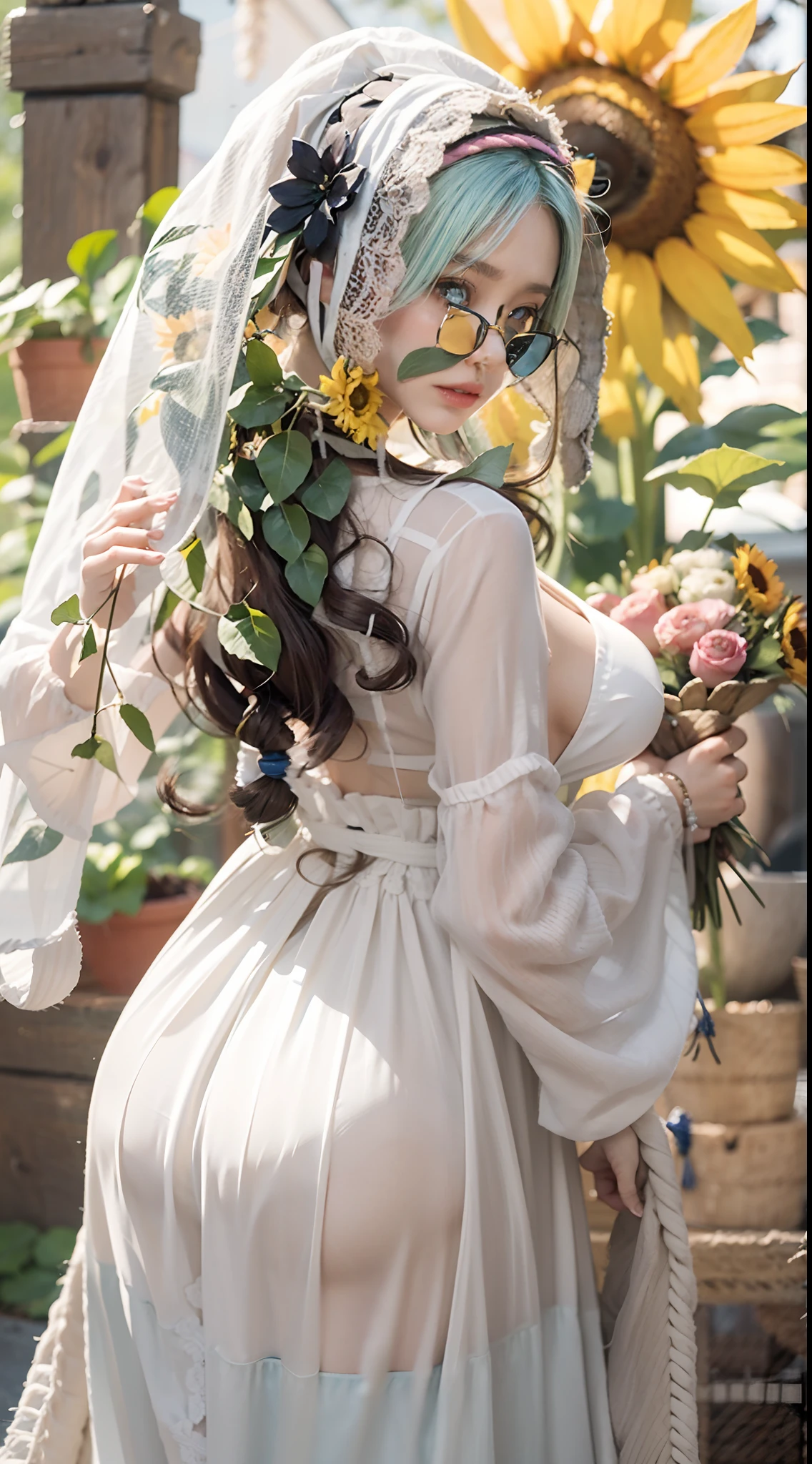 In a very grand scene,The extra-large wide-angle lens captures the appearance of a female centaur。She is a Sunflower Worship nun,Always opposed(Healing emoji smiley face of knitted sunflower puppet😊:99.99)DOA。She is tall,It has the ultimate curvy beauty,The muscles are slender and firm,Beautiful lines。She has(Super huge sky blue eyes:99.99)、always(Wearing sexy glasses:6.66)、(She wears solemn nun attire:9.9)、Stepping on a boot-style skyscraper-heel、A pink cross hangs on his chest。Use Midjourney's advanced tools,Designed for female centaurs(A knitted sunflower puppet and create a super healing cartoon smiley face in the center of the flower tray as a decoration:9.9),and noble and solemn nun costumes,and highlight her unique physiological characteristics and appearance details,Add realism。And in the context of her prayers and listening to confessions,Spectacular views of nature,Such as the sky where storms and sunny days alternate、Brilliant rivers of stars and auroras、The snow-capped summit of Mount Everest、Fireworks in the mountain town, etc。ao mesmo tempo,Away from the hustle and bustle next to the chapel,Create a fantastic scene。Use Midjourney's advanced tools and multiple color palettes、Brush Strokes、Texture tools and model packages,It shows a sense of atmosphere where beauty and charm coexist。The charm of the female centaur is highlighted through color and lines,Enhance realism with detailing,Create a surreal dreamy feeling。Additionally,Use Midjourney's tools to add various exorcism props and books to the female centaur、pergaminhos,Create intricate hairstyles and outfits,Give her a sense of premium。She never flinches,No matter what monster you encounter,can respond quickly,Even the most extreme armies of natural disasters and monsters could not stop her and her front(Sunflower with Tyndall effect that emits sunlight9.99)。Use Midjourney's powerful tools,You can do it with incredible detail and beauty,Bring this ultra-grand and beautiful scene to life。Ultra-grand sc