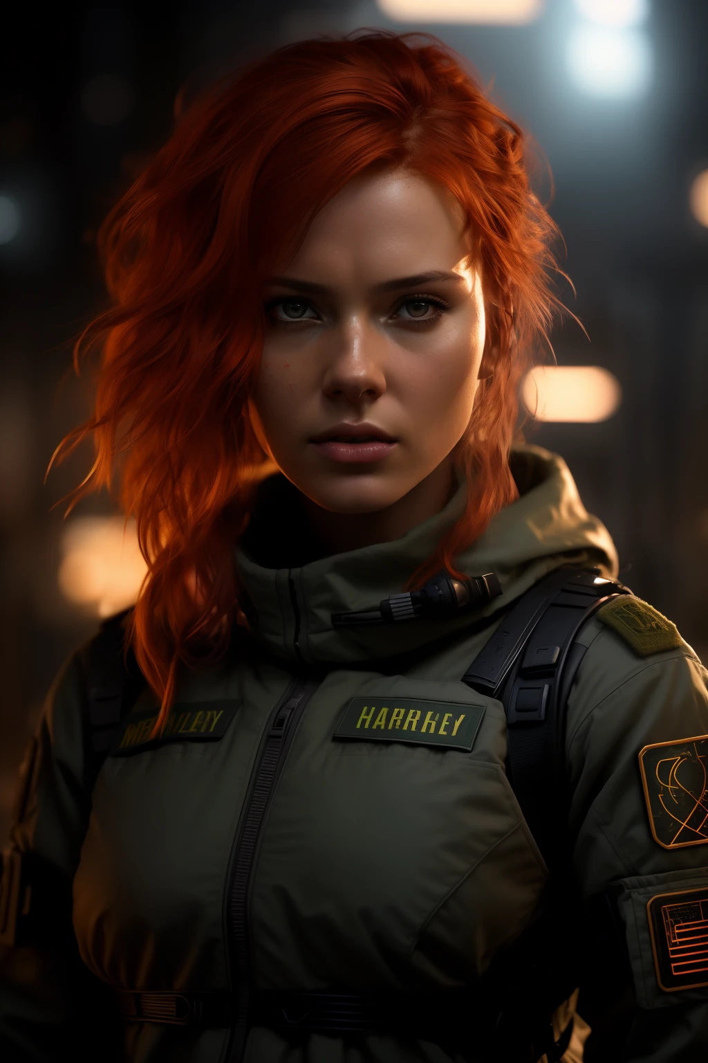 cozy, close-up photo of an arafed woman with a rifle in a dark room, redhead female cyberpunk, infantry girl, wojtek fus, female lead character, soldier girl, eve ventrue, stunning character art, epic sci - fi character art, epic sci-fi character art, solo female character, beautiful female soldier, ready for combat, mechanized soldier girl, sci - fi character, cinematic lightning, rim light