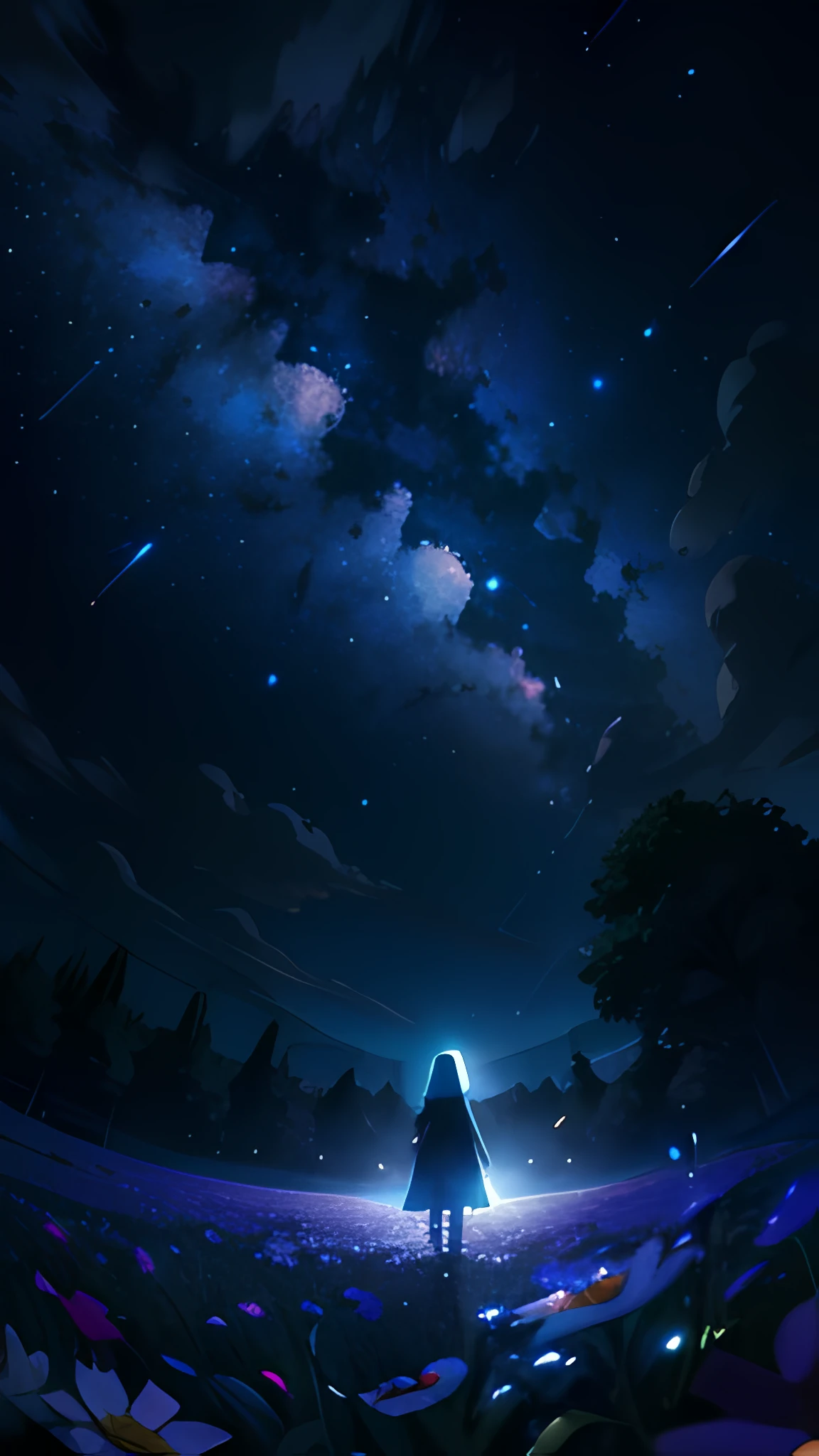 View from below with a view of the sky and street below, muslim girl standing in a field of higland flowers looking up, Sparkling lighting, Atmospheric Illumination, detailed hijab, million of stars, A shooting star visible from the position of the head flowed into the night sky.、The area is pitch dark、In the darkness、masutepiece、realisitic, detailed background