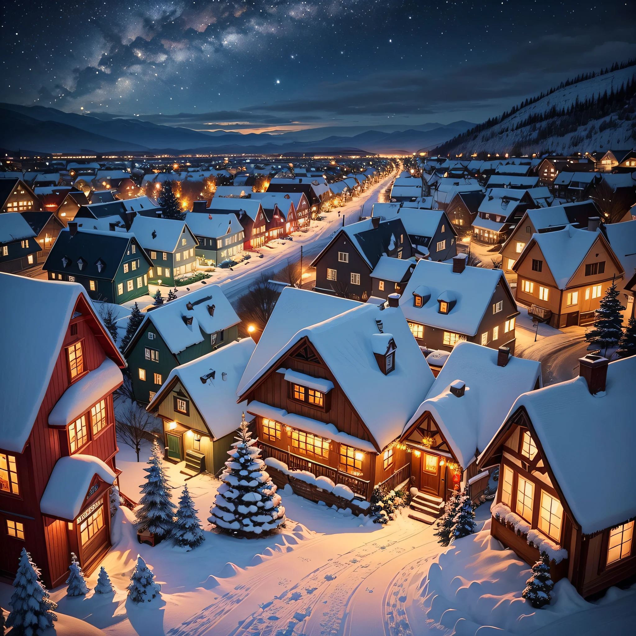 Christmas Village: A charming snowy village with quaint houses, decorated streets, and a picturesque view of the night sky.