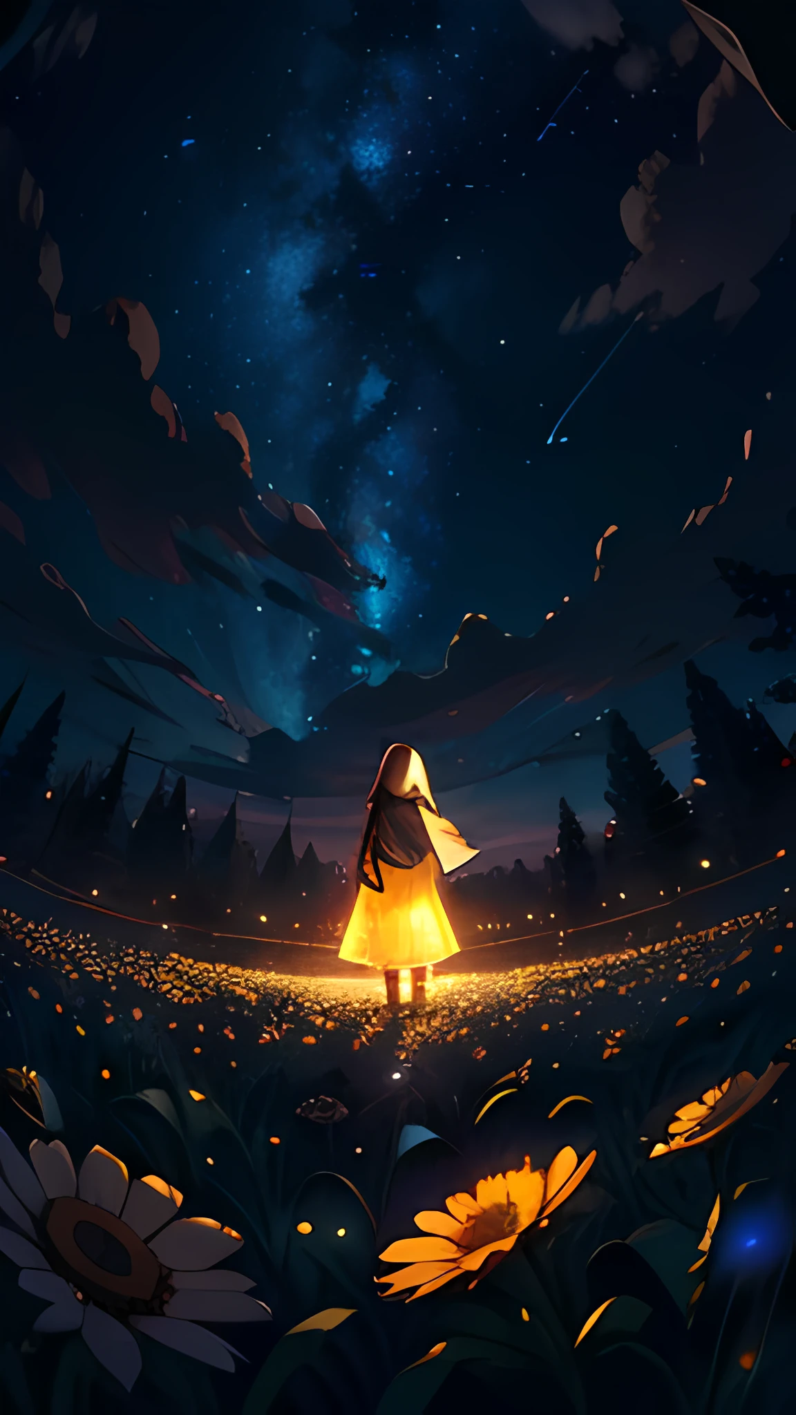 View from below with a view of the sky and street below, muslim girl standing in a field of higland flowers looking up, Sparkling lighting, Atmospheric Illumination, detailed hijab, million of stars, A shooting star visible from the position of the head flowed into the night sky.、The area is pitch dark、In the darkness、masutepiece、realisitic, detailed background, beautiful fireflies