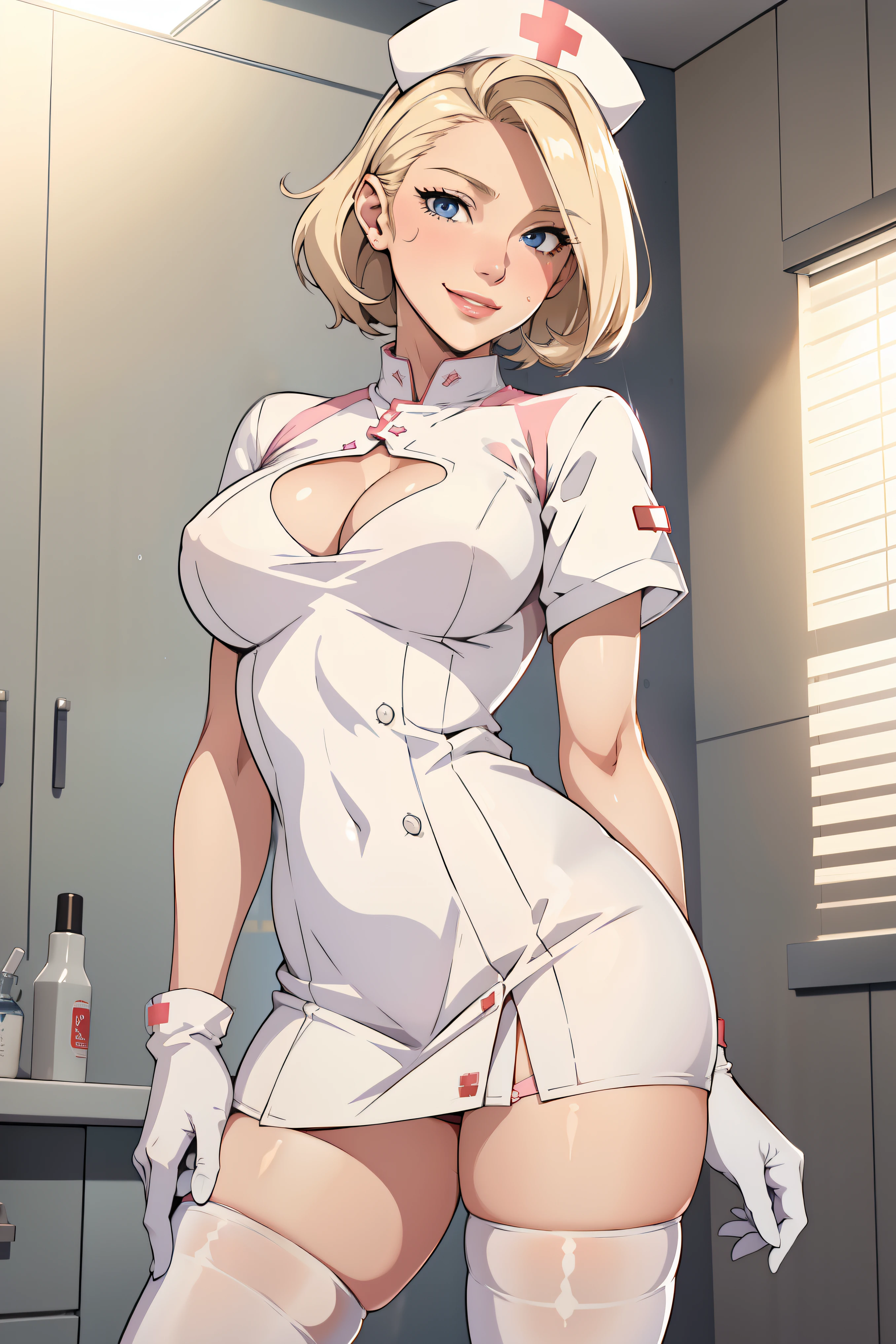 1woman, Nurse, nurse uniform, Nurse Cap, Whiteware, ((White legwear, zettai ryouiki)), White Gloves, Blonde hair, Blue eyes, pink lipsticks, Smile, Standing, sharp outline, Short sleeves, a mature female, 35 year old, Best Quality, masterpiece, infirmary, As chest shows, chest escaping, rain on face, sensuous pose, tit visible