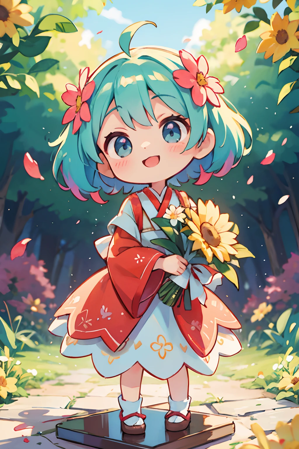 photoRealstic、Nendroids in wedding dress standing in front of the painting、A smile、watercolor Nendoroid、(High Definition Figure)、Flowing iridescent silk、up of face、Eye Up、Colorcon with heart pattern、Floral dress、There are also flowers in front of the nendroids、flower petals、season!!: 夏天☀ 🍂