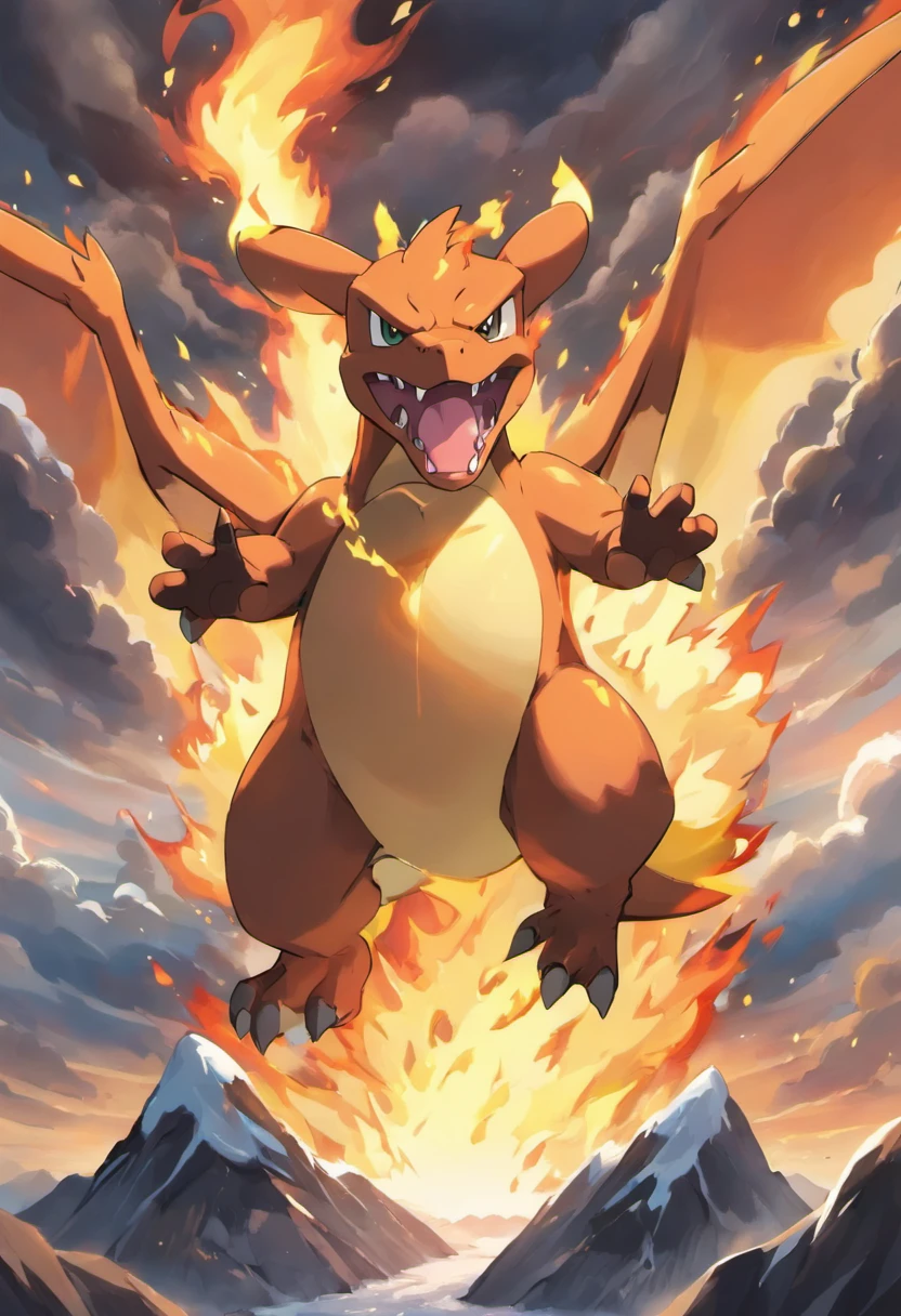 An intense scene in ultra-high definition 3D showcasing Charizard asserting dominance over a stormy mountain peak. Charizard, meticulously rendered in detail, is seen with flames roaring from its mouth, each blaze symbolizing its fierce power. The fire contrasts with the dark storm clouds, creating a dramatic, electrifying effect. The overall atmosphere is powerful, filled with strength and determination.