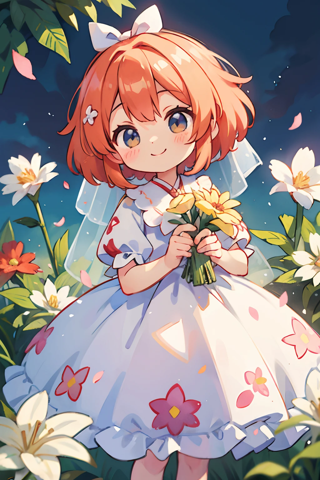 photoRealstic、Nendroids in wedding dress standing in front of the painting、A smile、watercolor Nendoroid、(High Definition Figure)、Flowing iridescent silk、up of face、Eye Up、Colorcon with heart pattern、Floral dress、There are also flowers in front of the nendroids、flower petals、season!!: 夏天☀ 🍂