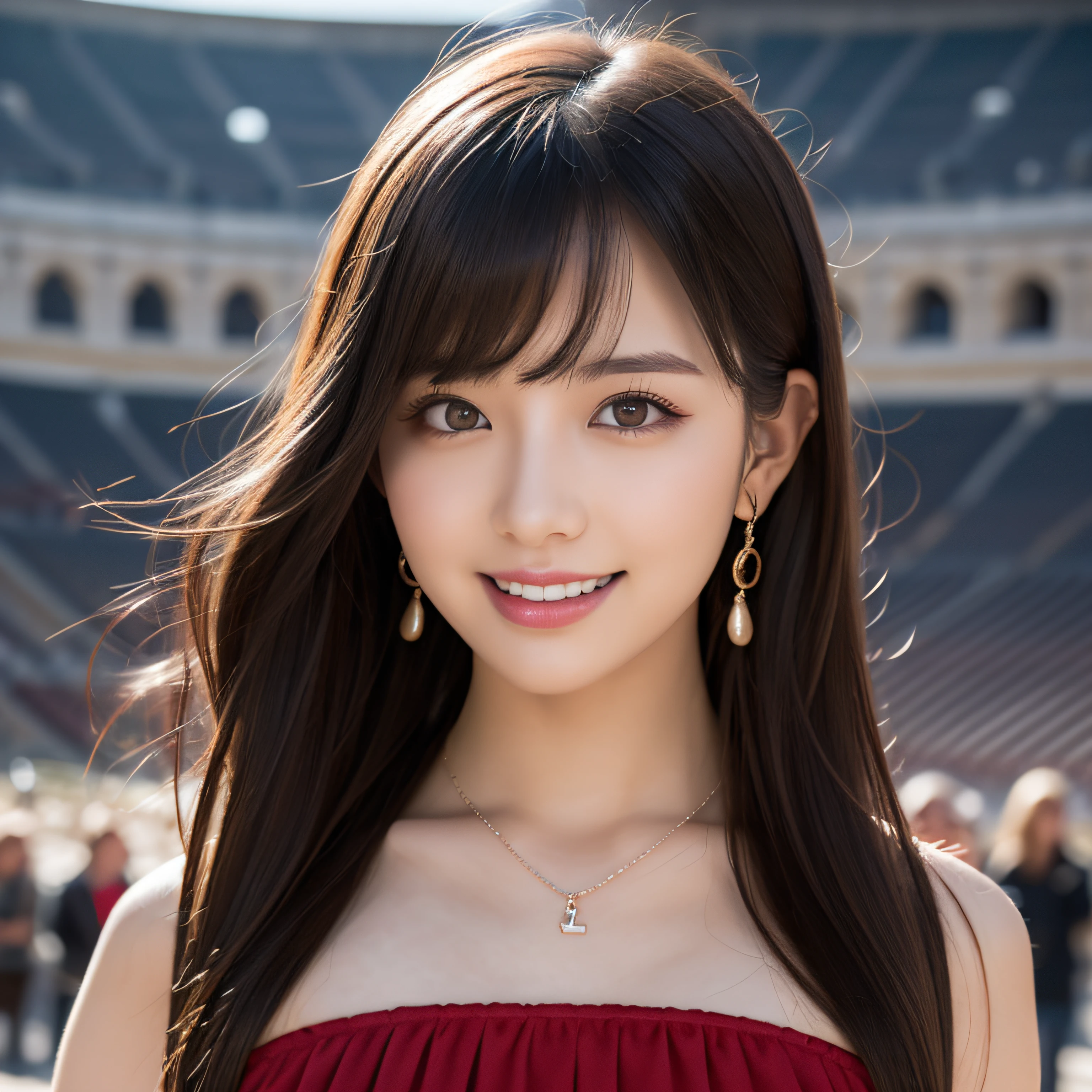 Best Quality, masutepiece, High resolution, 1girl in, Beautiful face, slenderbody、Hair Accessories, Smiling, closes mouth, Beautiful lips, Dress, Hair Accessories, Necklaces, Jewelry, Long hair, earrings, Beautiful face, On the body, Tindall Effect, Realism, Stand beside a bright red convertible at Rome's Colosseum、 Edge lighting, Two-tone lighting, (High Detail Skin: 1.2), 8K UHD, Digital SLR, Soft light, High quality, Volumetric lighting, Photo, high-definition4K, 8K, Clear backgrounds