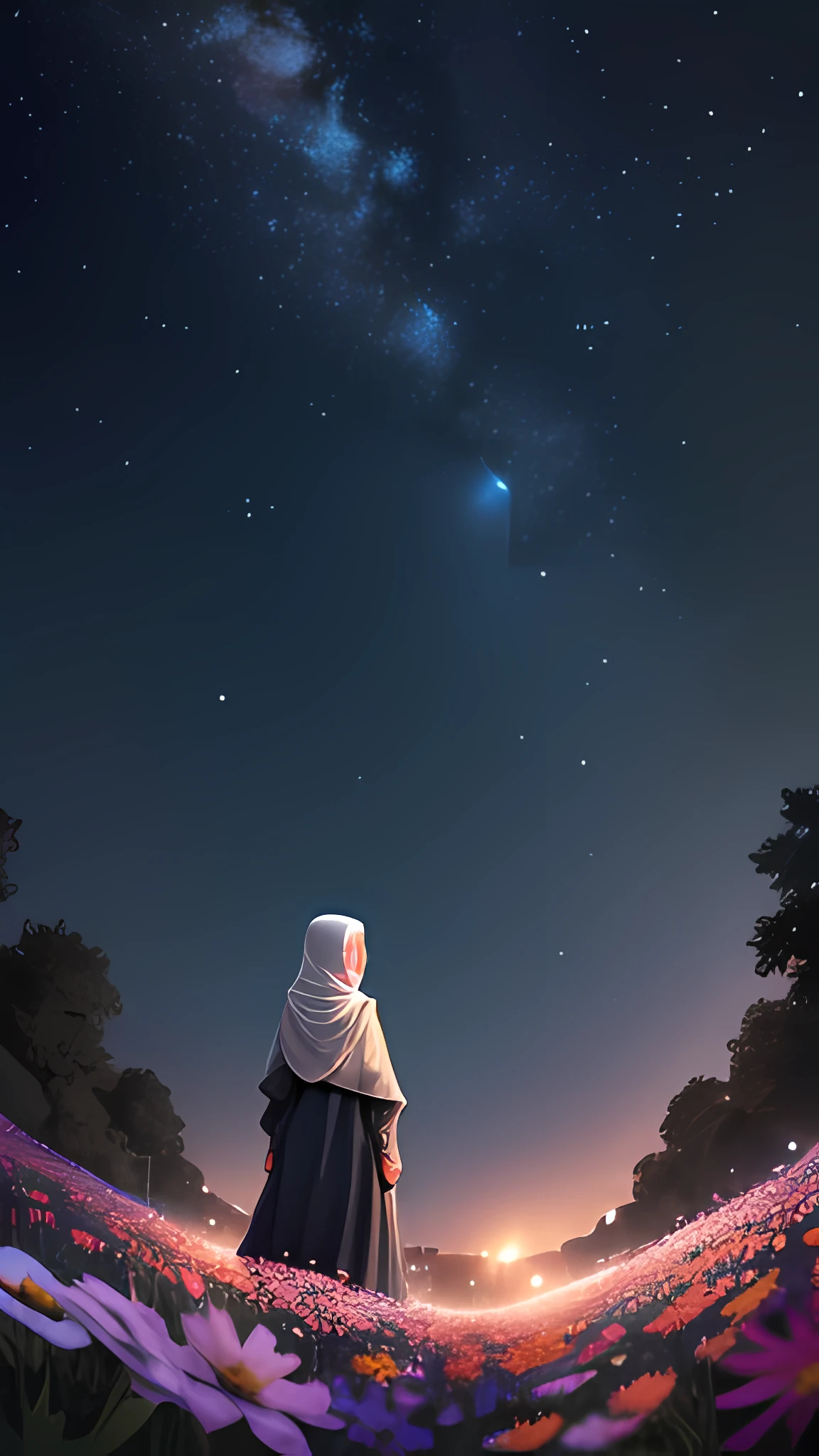 octans, sky, star (sky), scenery, starry sky, night, 1girl,hijab, night sky, solo, outdoors, building, cloud, milky way, sitting, tree, hijab style, city, silhouette, cityscape, studio ghilbi, beauty view --auto --s2