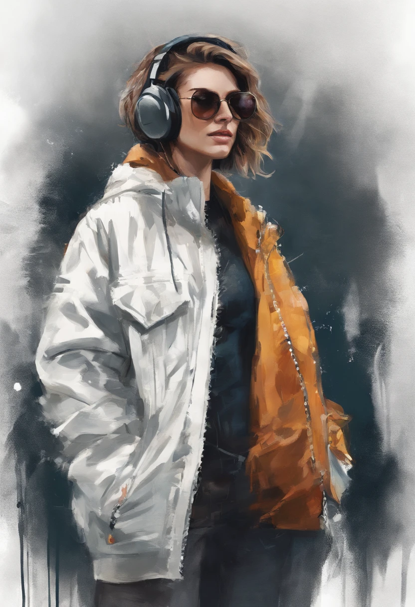 Perfect centering, hedgehog, Wear a student team jacket, Wearing sunglasses, Wearing headphones, cheerfulness, Standing position, Abstract beauty, Centered, Looking at the camera, Facing the camera, Approaching perfection, Dynamic, Highly detailed, Smooth, Sharp Focus, 8K, hight resolution, Illustration, art by carne griffiths and wadim kashin, White background