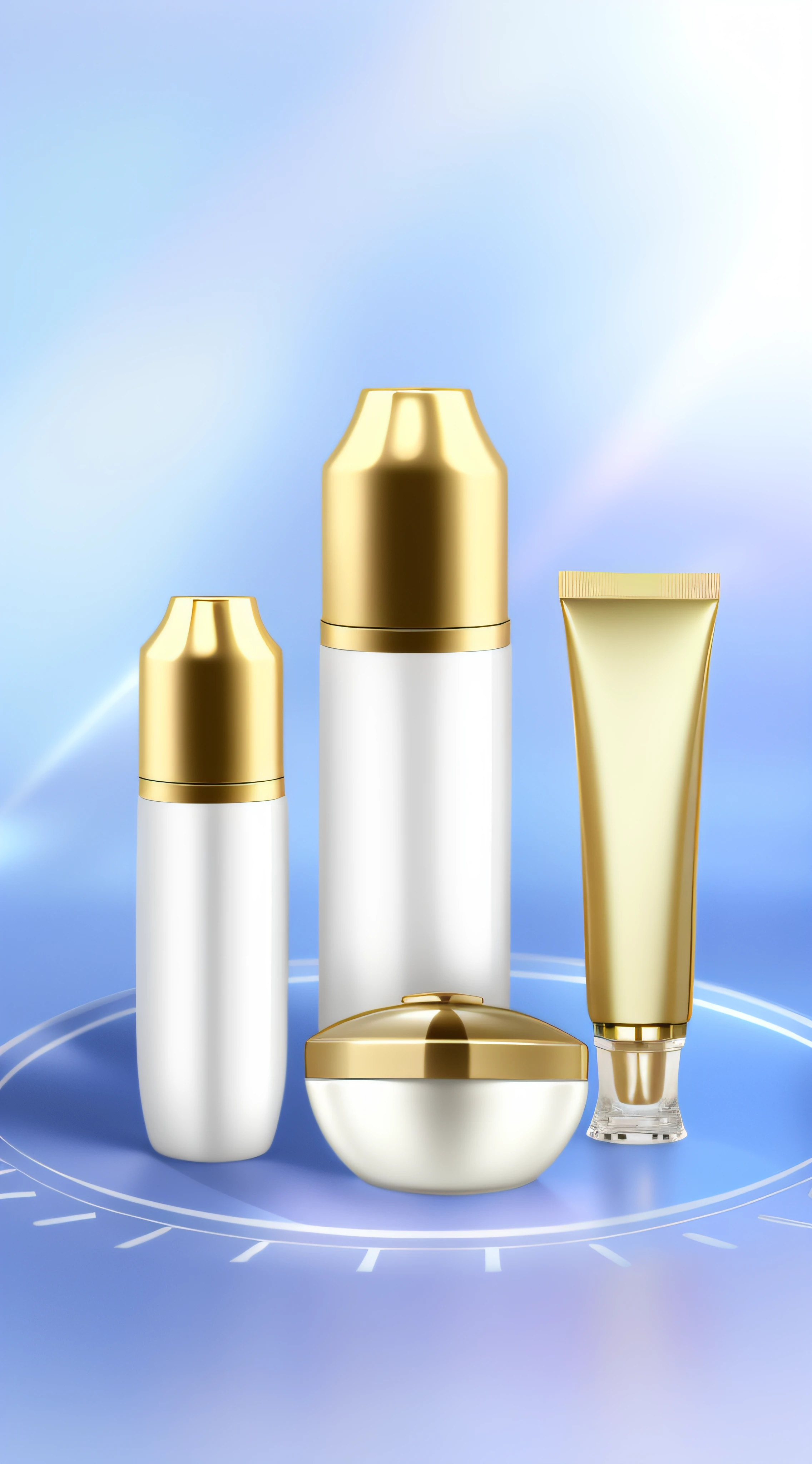 Close-up of a group of cosmetics on a blue surface, skin care, cosmetics, Skincare, glistning skin, gold, high quality topical render, crisp smooth clean lines, perfume, Bottle, exquisitedetails, immaculate complexion, Trio, author:Wayne England, Showcase, pristine skin, crisp smooth lines, Radiant skin, high quality product image”, 3d product