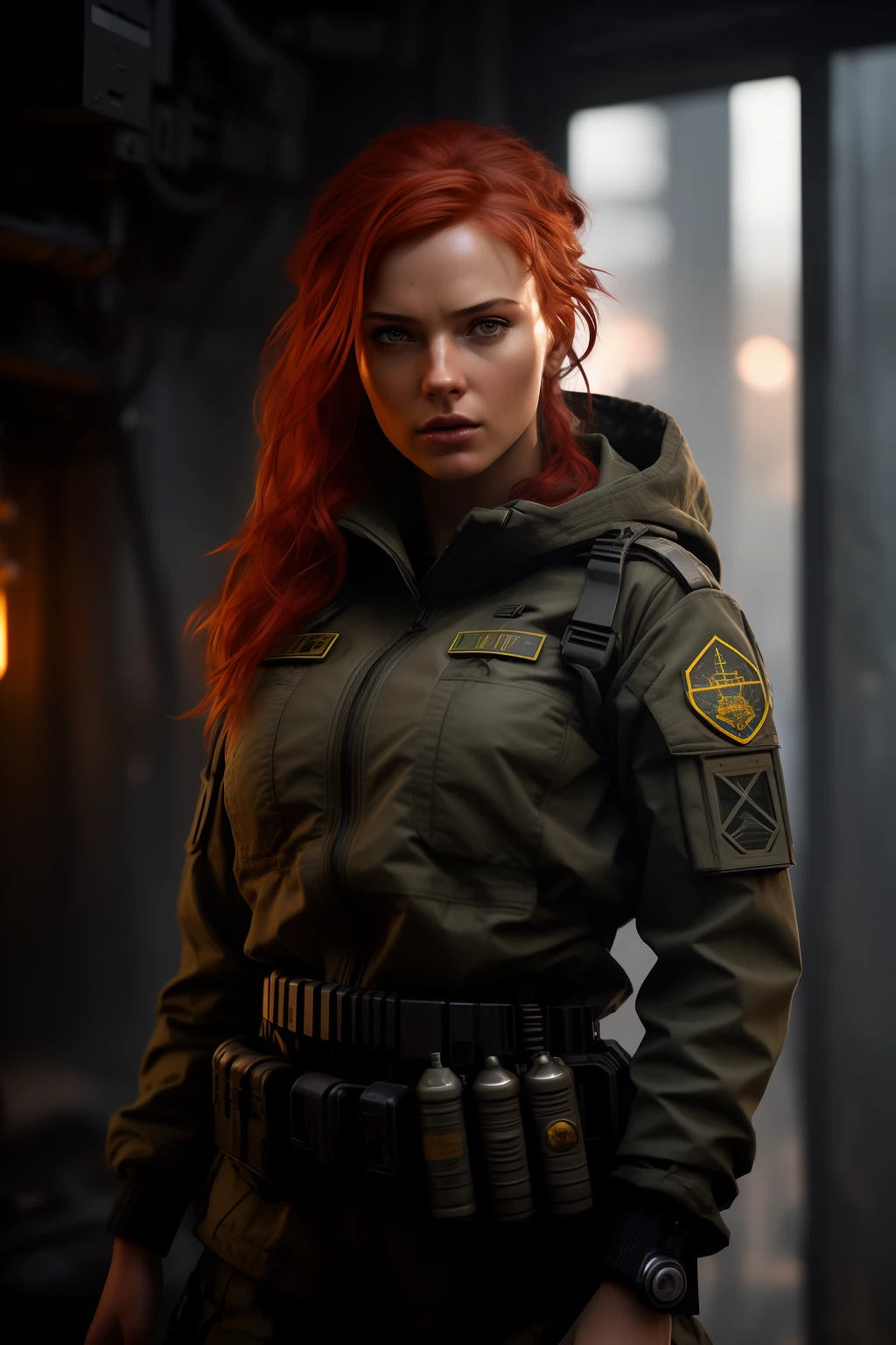 Scarlett from G.I. Joe in a sexy, low-cut military outfit. Sexy face. Red hair and freckles on her face. Busty