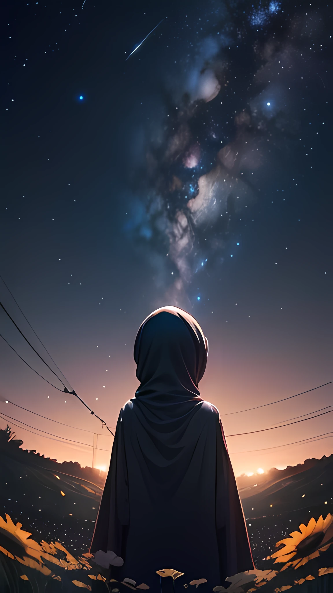 View from below with a view of the sky and street below, muslim girl standing in a field of higland flowers looking up, beautiful field of flower, Sparkling lighting, Atmospheric Illumination, detailed hijab, million of stars, A shooting star visible from the position of the head flowed into the night sky.、The area is pitch dark、In the darkness、masutepiece、realisitic, detailed background, beautiful fireflies, milky way