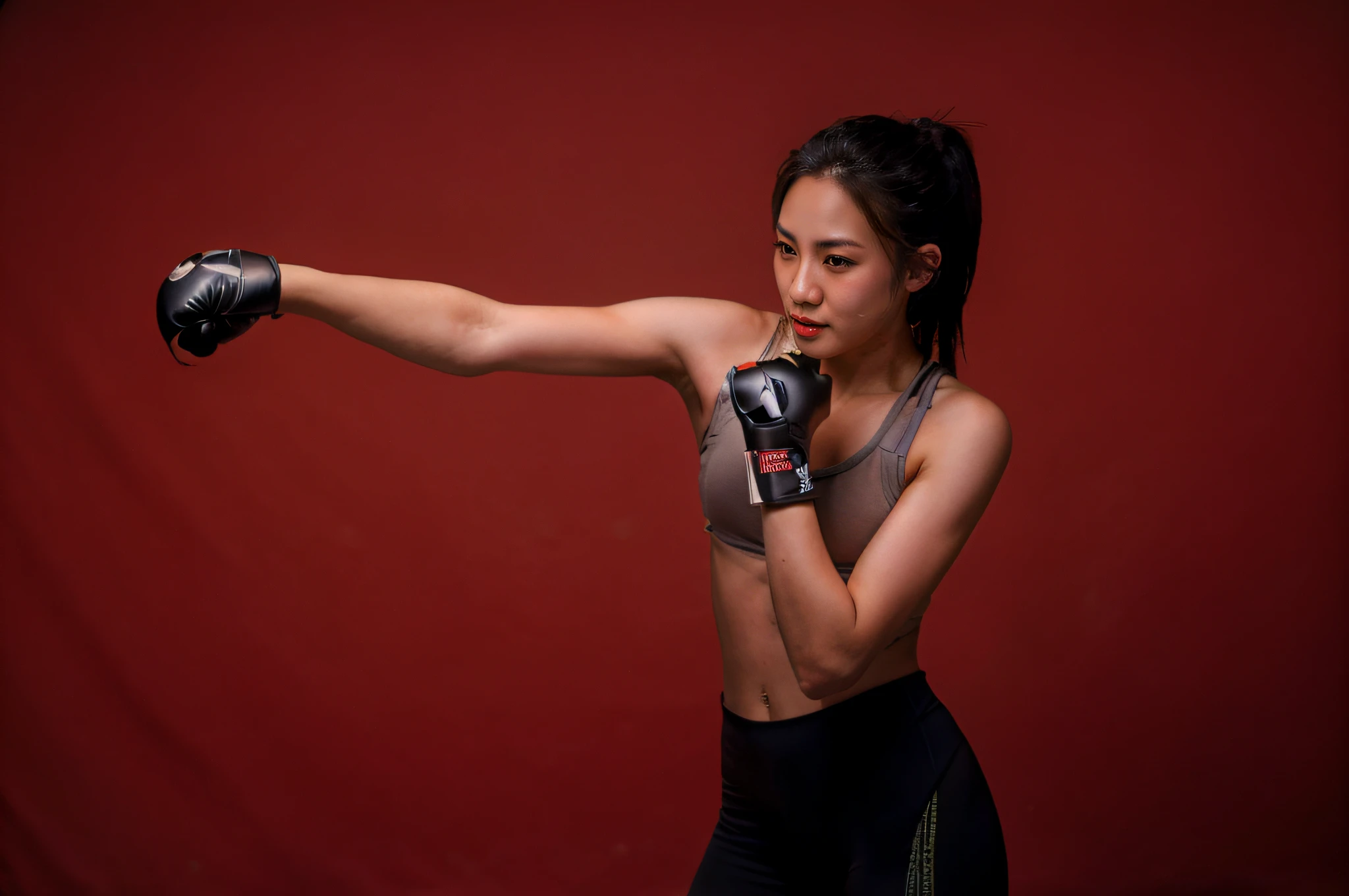 ((Realistic lighting, Best quality, 8K, Masterpiece: 1.3)), Clear focus: 1.2, 1girl, (Perfect body beauty: 1.4), (Slim abs: 1.)1, Super Fine Face, Fine Eyes, Double Eyelids, a picture of beautiful asian girl in black sport bra and black short legging posing a punching boxing stance, her expression exudes determination and dedication and slightly tiredness. She has a light bright skin color, black hair, brown eyes. her hand is wrapped by a red boxing hand wraps, (boxing gloves:0.4),
