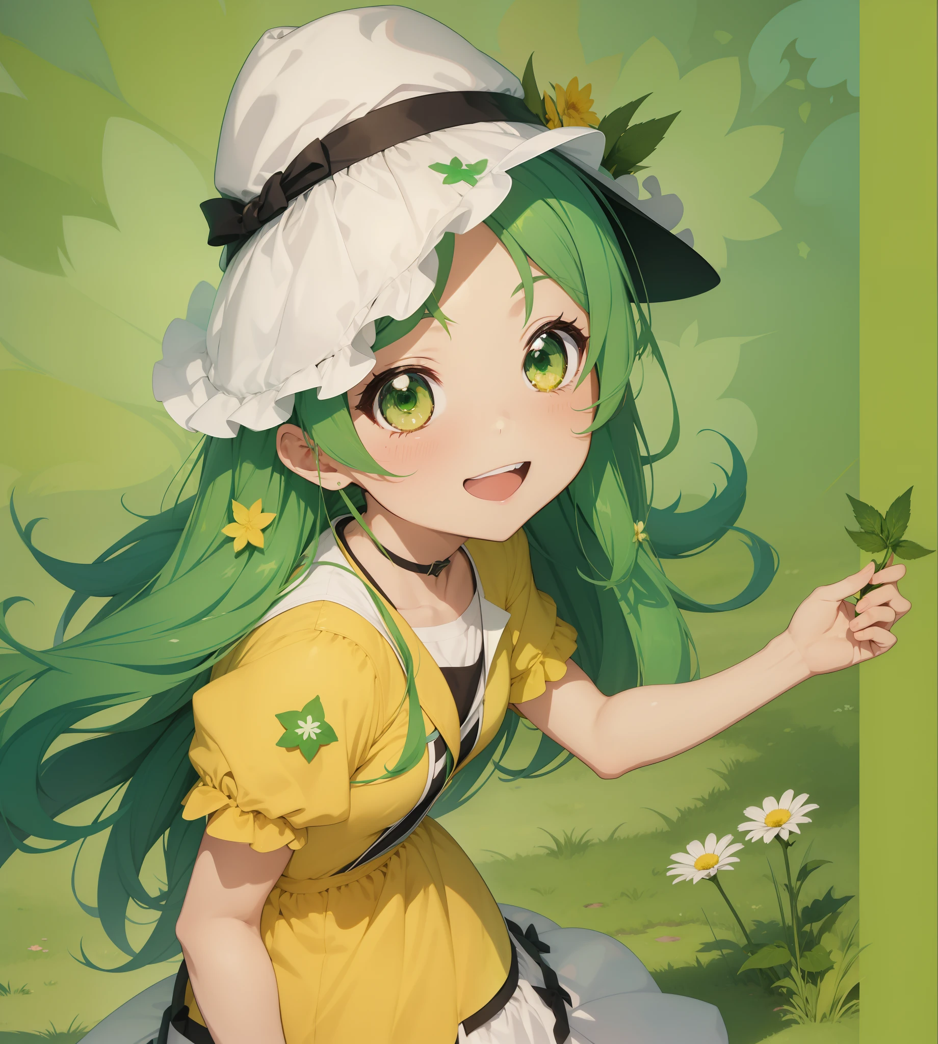 anime girl with green hair and a hat holding a green flower, weed cutie mark, high quality fanart, commission for high res, oc commission, official art, chibi, official fanart, by Kanbun Master, zerochan art, wallpaper!, mlp fanart, advanced digital chibi art, pudica pose, fanart, holding a pudica pose, commission art