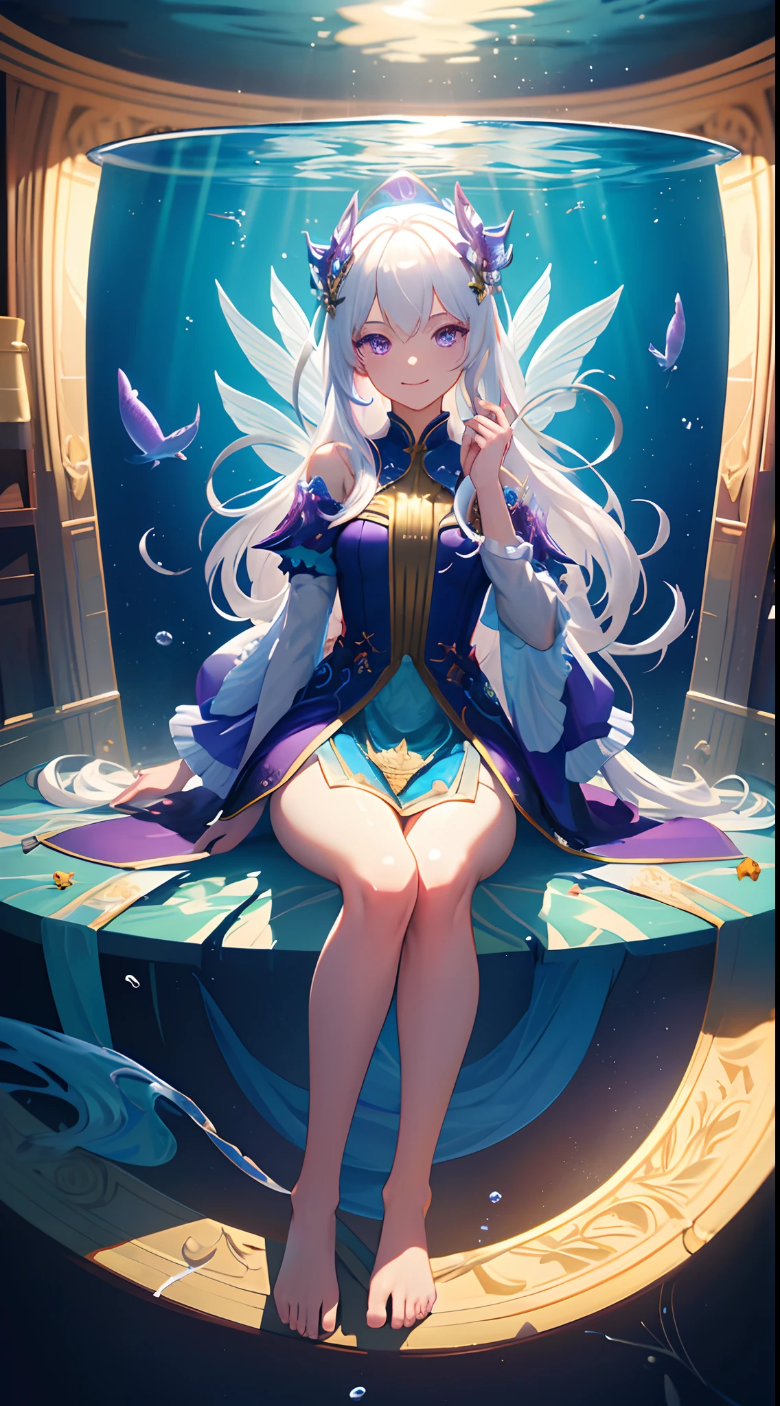 [(Transparent background:1.5)::5],(((masterpiece))),(((best quality))),(((extremely detailed))),illustration, 1girl,solo,mysterious,vivid color,shiny, underwater transparent sealed hemispherical glass dome, (white hair),(purple eyes), full body,barefoot,long hair tranquil nature, koi,Underwater, Dome,close up,Dynamic actions,Lens perspective,(((Box composition))),sit cross-legged and lean against the bookshel, volumetric lighting, multi-color eyes, detailed eyes, hyper detailed,light smile, highly detailed, beautiful, small details, ultra detailed, best quality, intricate, 4k, 8k, trending on artstation, good anatomy, beautiful lighting, award-winning,