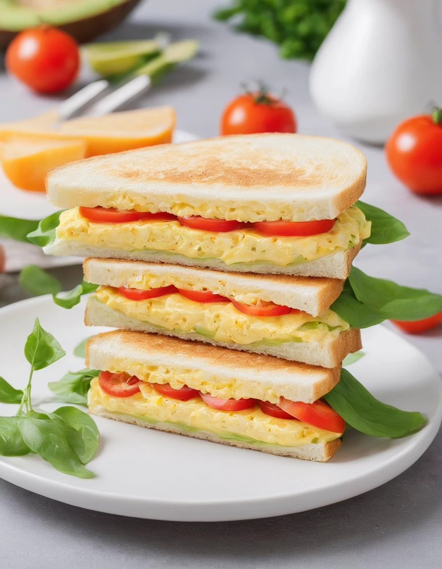 Healthy omelette sandwiches,Omelette with whole wheat bread sandwich,Add lettuce、Tomatoes and avocados,Then sprinkle with a little low-fat cheese,white backgrounid,A subject