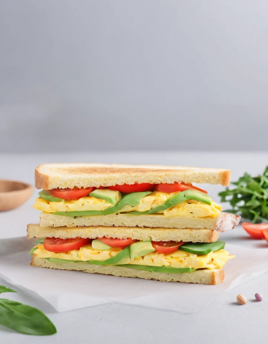 Healthy omelette sandwiches,Omelette with whole wheat bread sandwich，Add lettuce、Tomatoes and avocados，Then sprinkle with a little low-fat cheese,white backgrounid，A subject