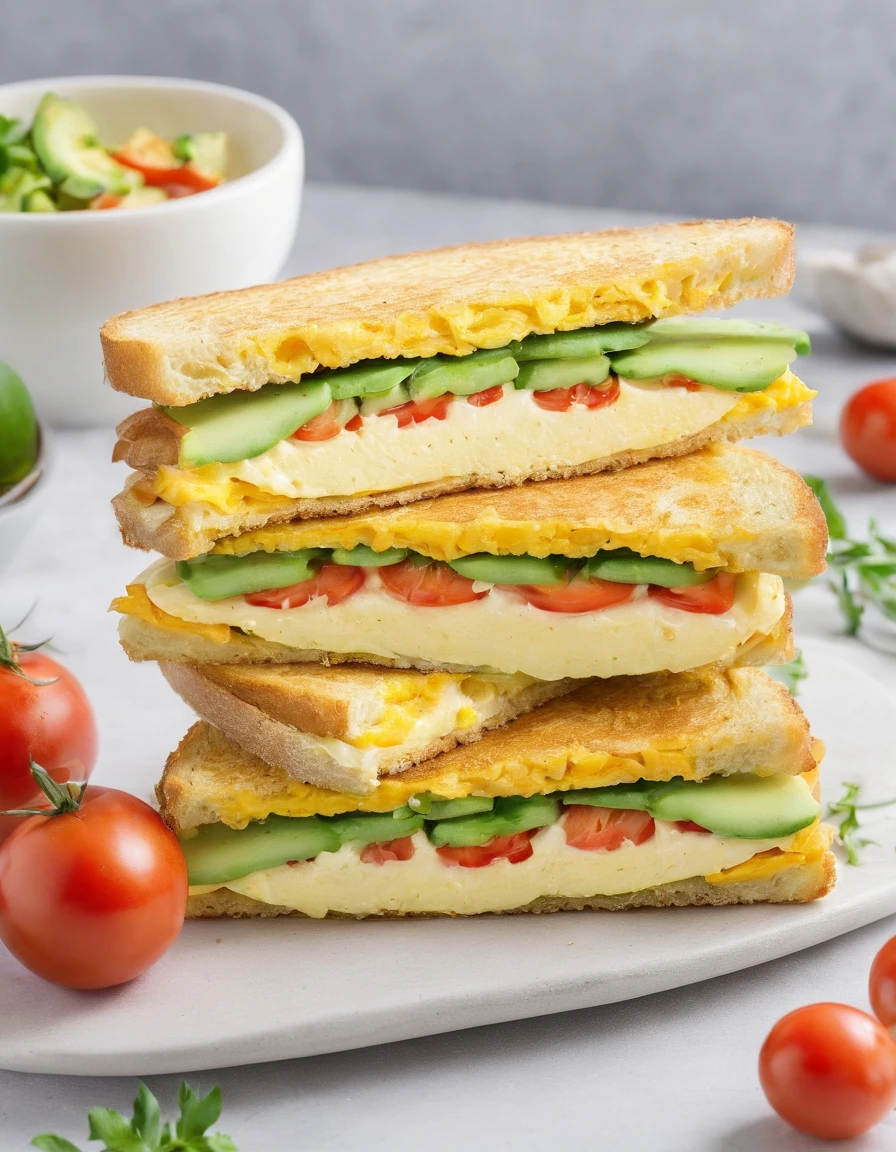 Healthy omelette sandwiches,Omelette with whole wheat bread sandwich,Add lettuce、Tomatoes and avocados,Then sprinkle with a little low-fat cheese,white backgrounid,A subject