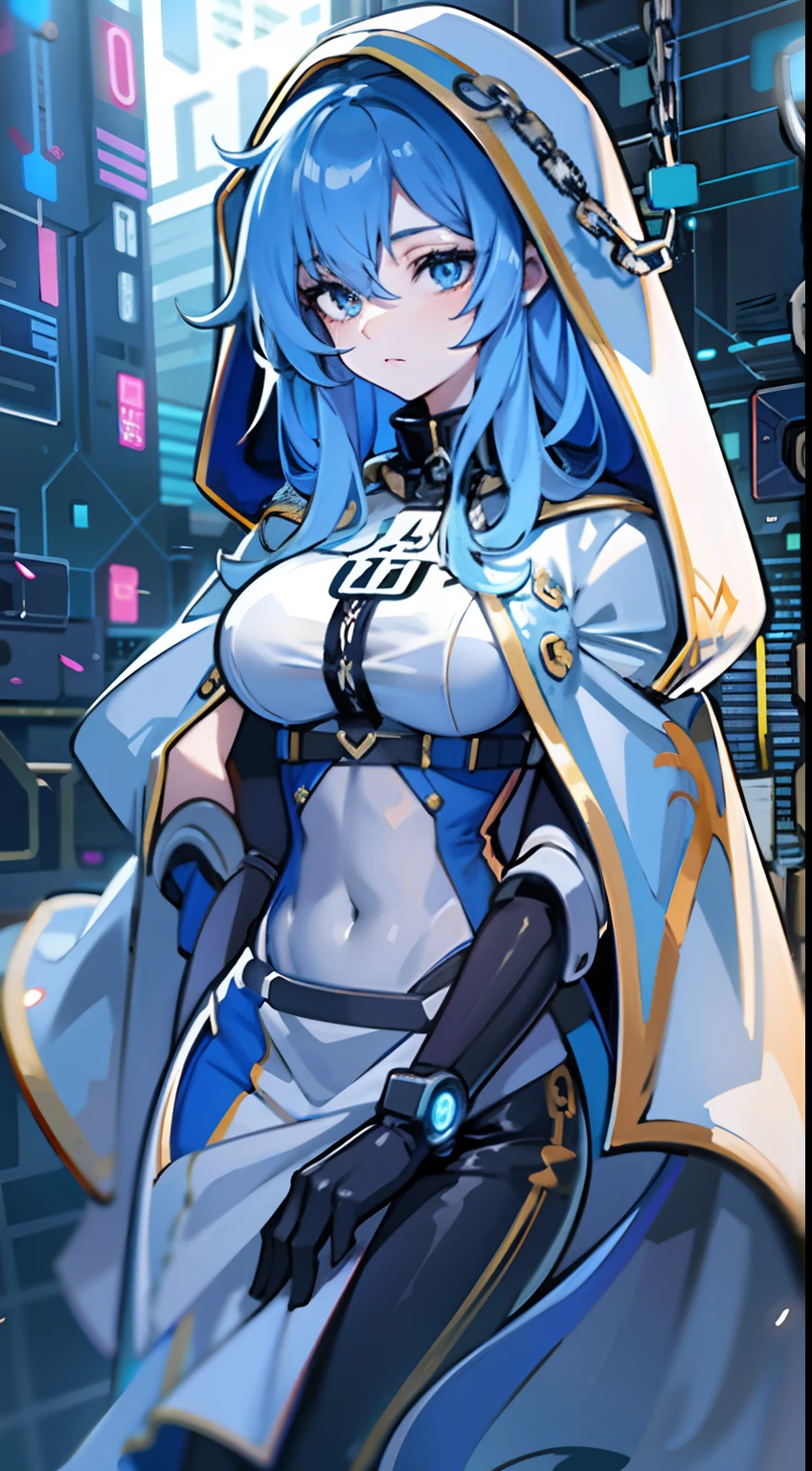 upper body, 1woman, blue hair, Long Haired, blue eyes, (cyber), blue Hood Cape, big breats, wallpaper, Chain background, light particles, (masterpiece), best quality, Top Quality, pale white skin, solo