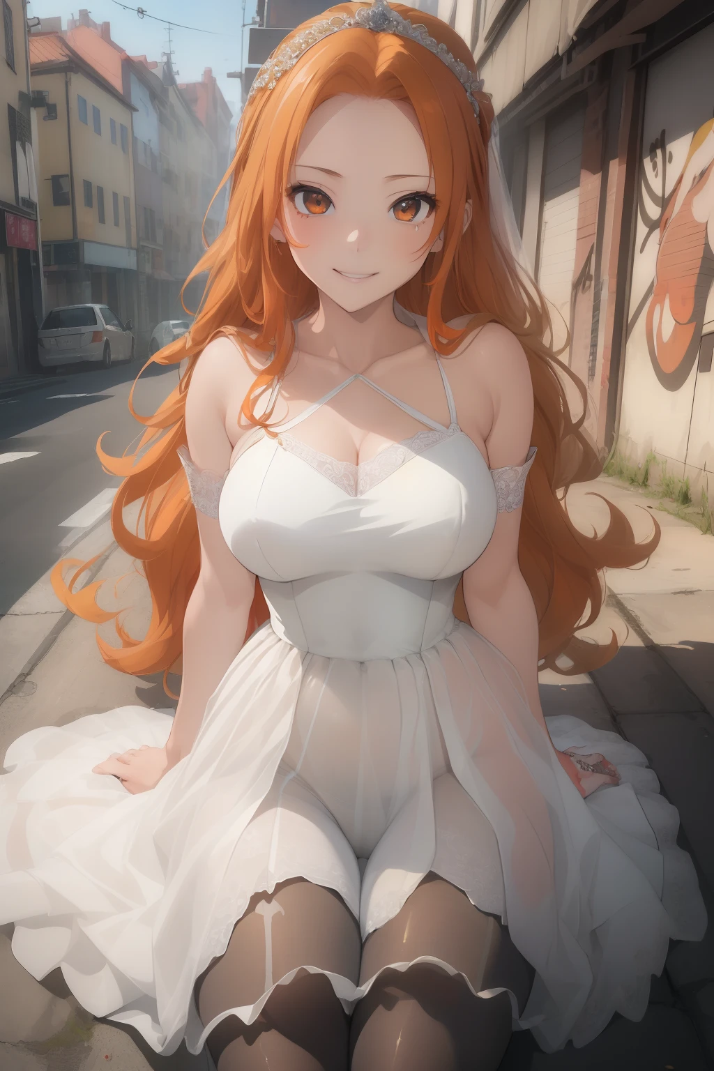 (​masterpiece、top-quality、top-quality、Beautifully Aesthetic:1.2)、1 girl in、ighly detailed、highestdetailed、grey  eyes、orange color hair|long Brond Hair、((weddingdress))、((pantyhose))、Matsumoto Rangiku、graffiti art、Look at the viewer、A smile、chies、((Open legs))