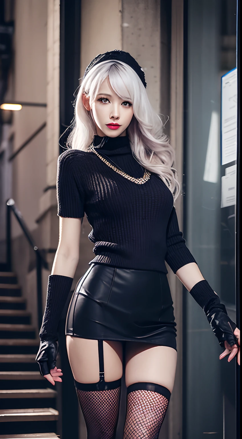 {{masutepiece}}, {{Best Quality}}, rainy day, Cityscape, in the cyberpunk city, Cityscape, Huge_filesize, wall-paper, girl, Medium Hair, White hair, Wavy Hair, hair-bun, hair pin, purple hairband, Beautiful detailed eyes, sweater dress, Ribbed sweater, Miniskirt, {sexy lingerie}, {Transparent underwear}, {stormy}, Fishnet stockings, knee_long boots, Necklace, Black Choker , half gloves , fingerless_mitts, All_all-fours, Skirt lift,