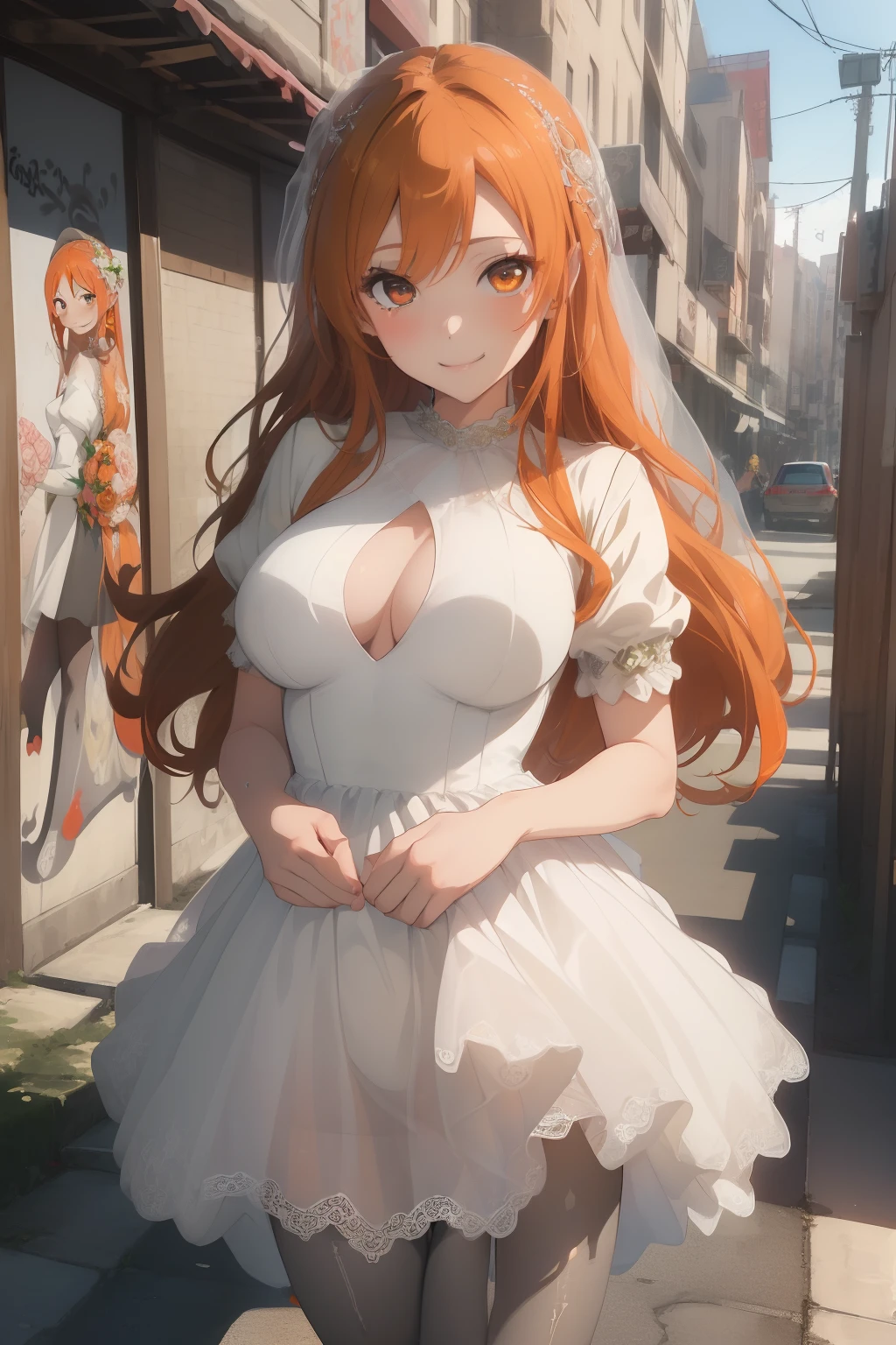 (​masterpiece、top-quality、top-quality、Beautifully Aesthetic:1.2)、1 girl in、ighly detailed、highestdetailed、grey  eyes、orange color hair|long Brond Hair、((weddingdress))、((pantyhose))、Matsumoto Rangiku、graffiti art、Look at the viewer、A smile、chies、((Open legs))