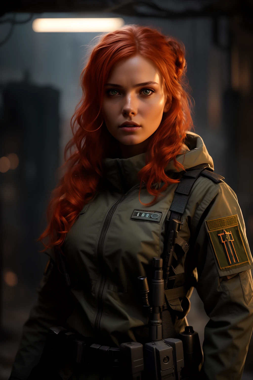cozy, close-up photo of an arafed woman (with a rifle:1.2) in a dark room, redhead female cyberpunk, infantry girl, wojtek fus, female lead character, soldier girl, eve ventrue, stunning character art, epic sci - fi character art, epic sci-fi character art, solo female character, beautiful female soldier, ready for combat, mechanized soldier girl, sci - fi character, cinematic lightning, rim light
