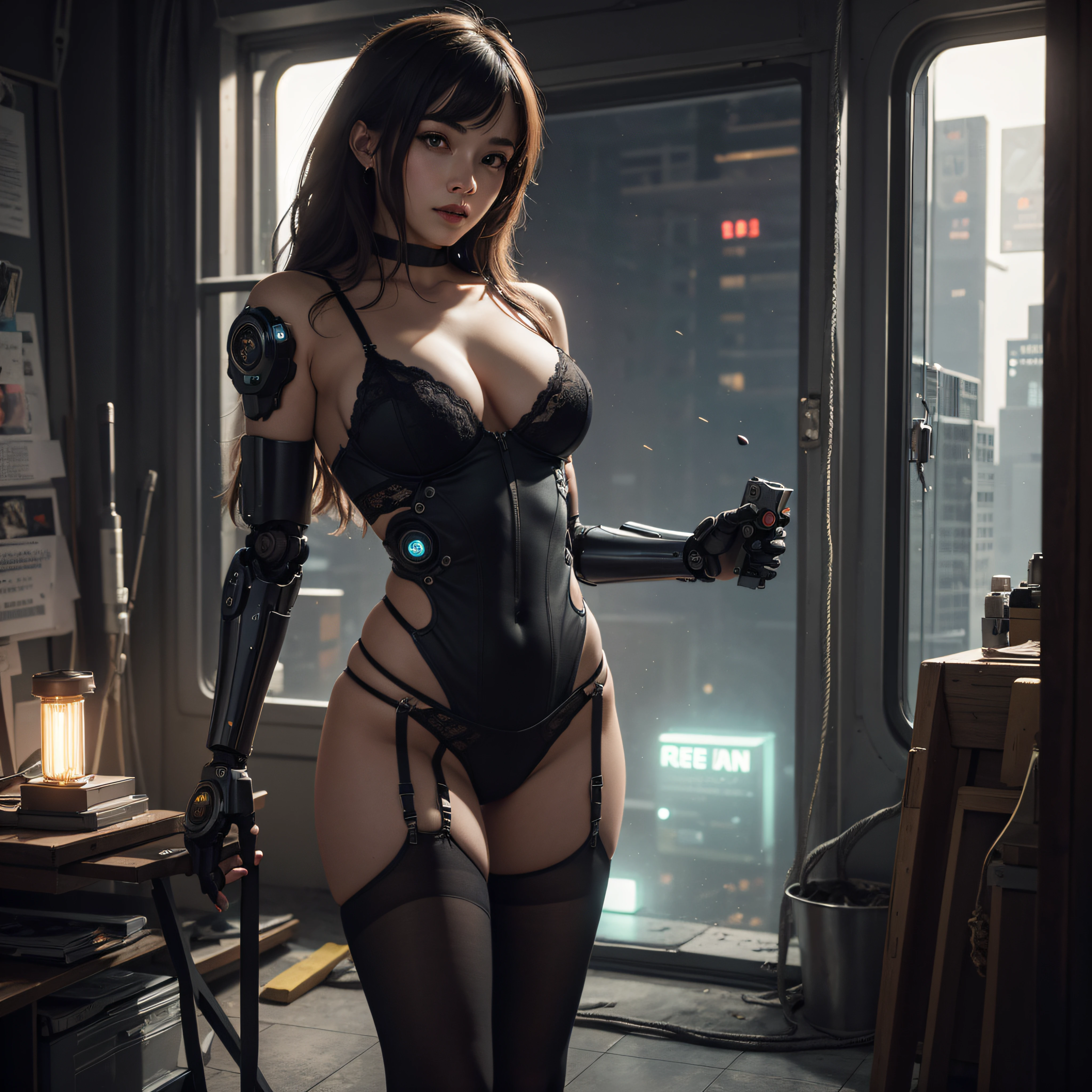 ((calidad superior)), ((obra maestra)), ((realista)), (Los detalles), (fotorrealista:1.5), puppet, marioneta de nadera humanoides tendidos en un piso de concreto, Science-Fiction, HDR, Trazado de rayos, NVIDIA RTX, Los ultra-Highres, Irreal 5, Sub-Surface Scatterring, PBR texturizado, Post-procesamiento, Anisotropic filtering, Profundidad de campos, maximum sharpness and sharpness, Regla de los tercios、8K RAW、(Luminescent Particles:1.4)、(super-detailed CG、Unidad 8k Fondos de pantalla、lighting like a movie、destello de lente、foco nítido. Girl with lingerie, Robotic Parts, Cannons, Armas, pistola, Arte cyberpunk、arquitectura cyberpunk