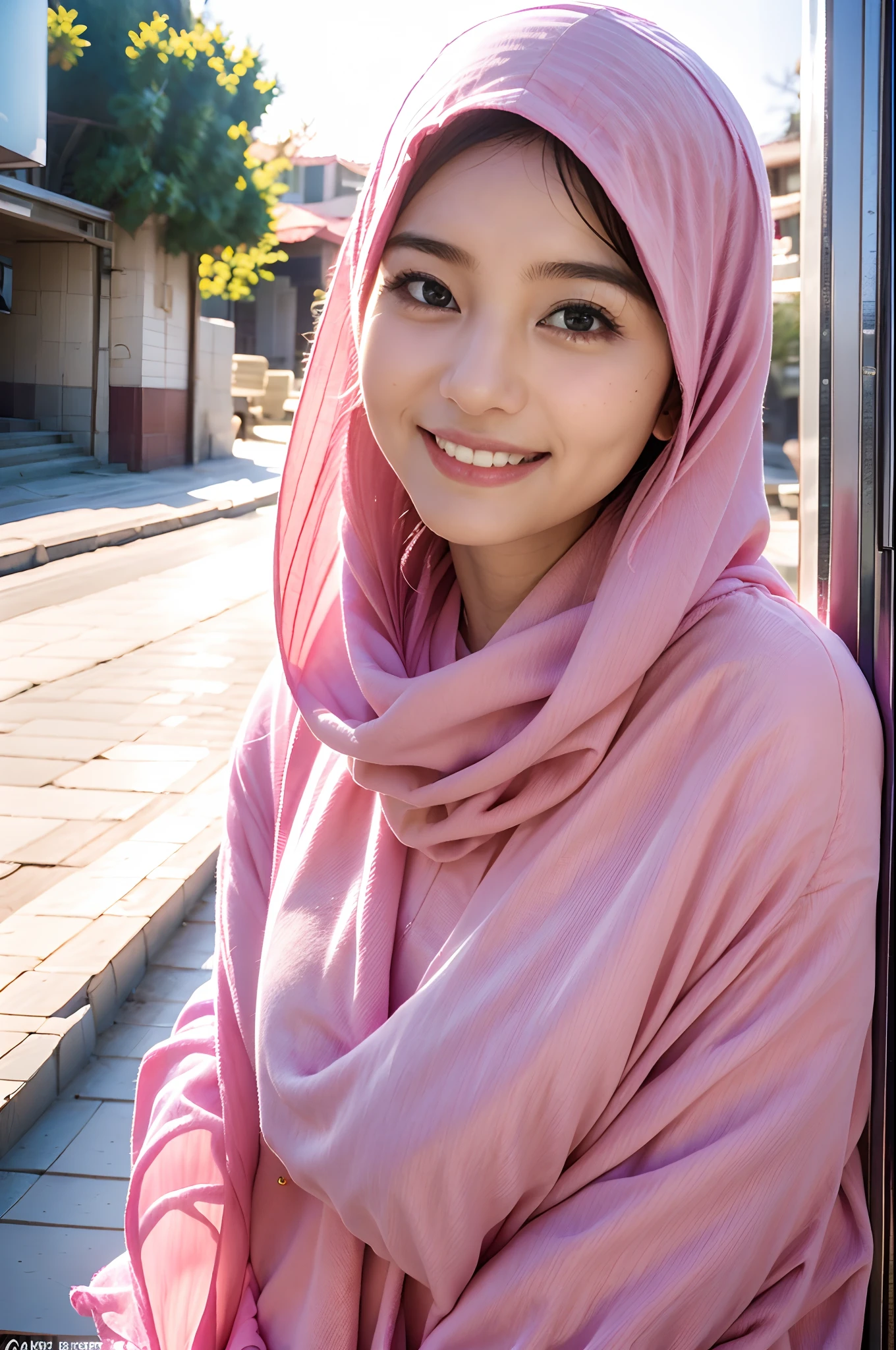 arafed woman wearing a pink scarf and a pink head scarf, hijab, slight cute smile, with lovely look, inspired by Naza, with a beautifull smile, faridah malik, siya oum, with cute - fine - face, shy smile, sakimi chan, cute beautiful, comming, lovely smile, sweet smile, with kind face