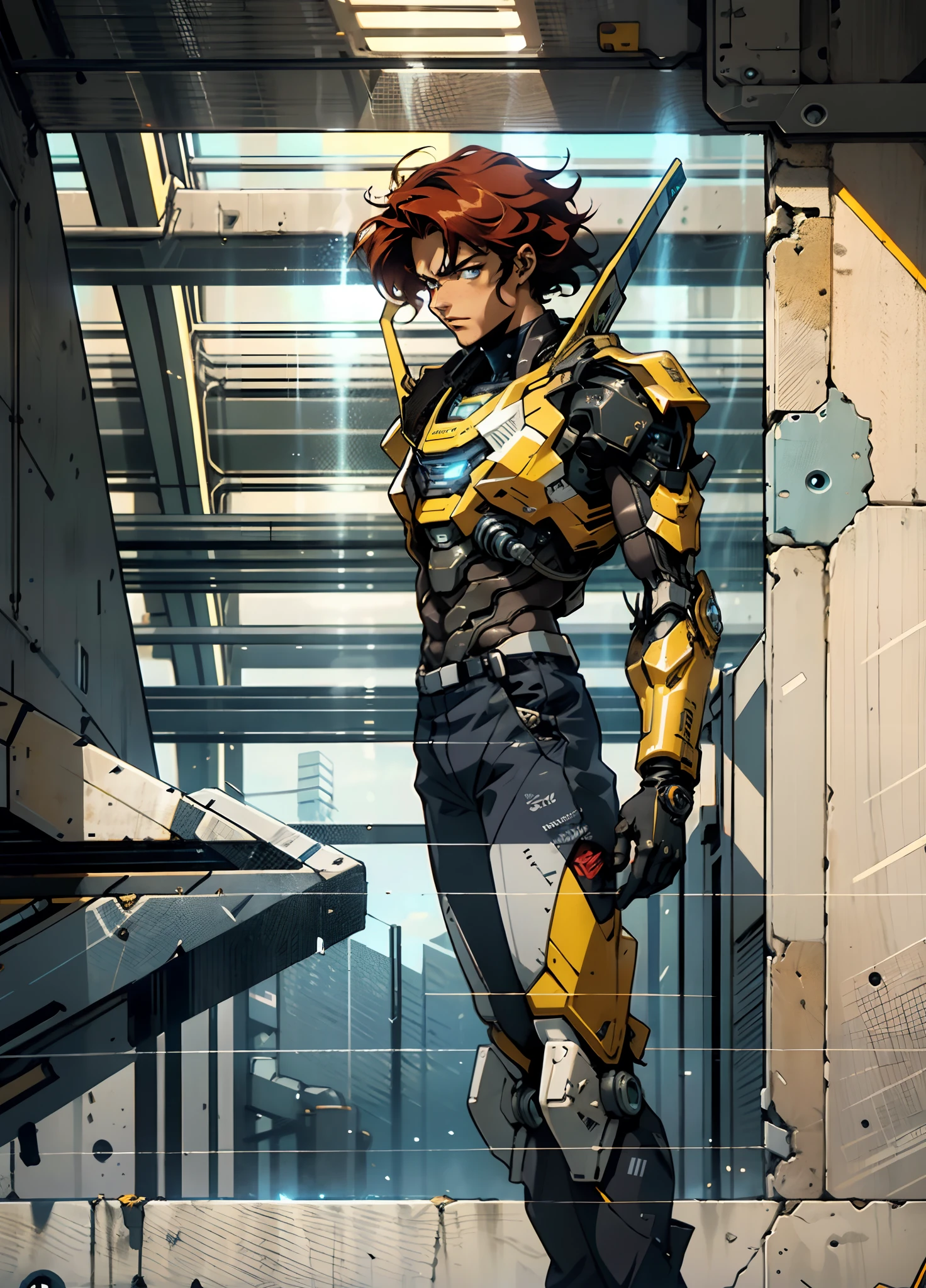 A man with short red-gold hair, hair slicked back, thick and disheveled hair, a cold and ruthless gaze, a confident expression, wears a two-piece futuristic military-style uniform, primarily in shades of white and red, accented by touches of yellow, streamlined wristguard gloves, matching trousers, he stands in a futuristic sci-fi-style hangar housing a colossal mech, stands within a futuristic sci-fi hangar, where a colossal mech is stationed, this character embodies a finely crafted futuristic military officer in anime style, characterized by an exquisite and mature manga illustration art style, high definition, best quality, highres, ultra-detailed, ultra-fine painting, extremely delicate, professional, anatomically correct, symmetrical face, extremely detailed eyes and face, high quality eyes, creativity, RAW photo, UHD, 8k, Natural light, cinematic lighting, masterpiece:1.5