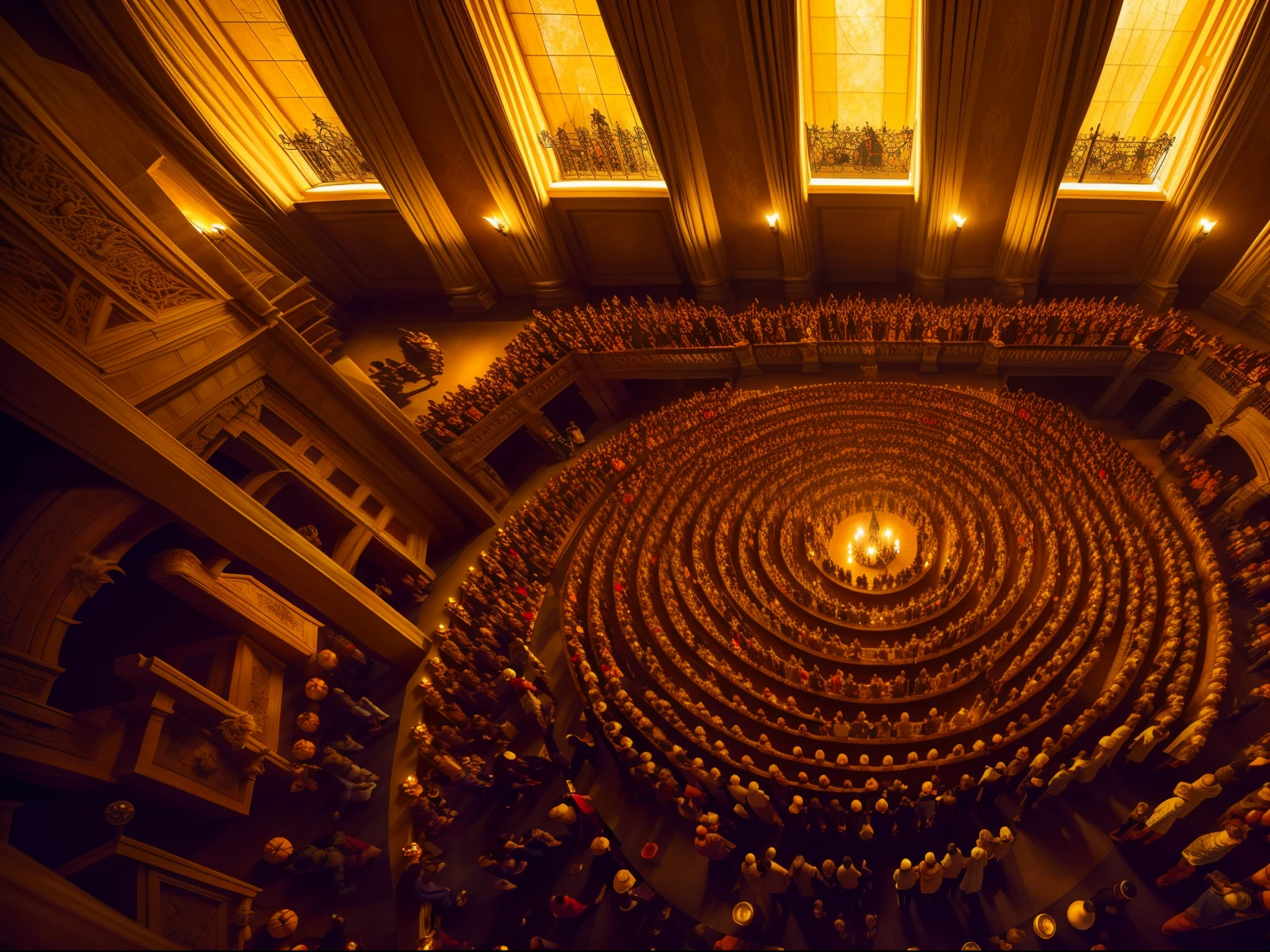 Halloween party, in a panoramic view, multiple persons，celebrating，In the palace of the castle, Overhead shot, Dramatic lighting, abstract expressionism, Metaphysical, expressionistic, Golden ratio,detail, Aesthetic, Octane rendering, Excellent composition, Natural texture, 8k oil, pain, Masterpiece, canon eos r4s 50