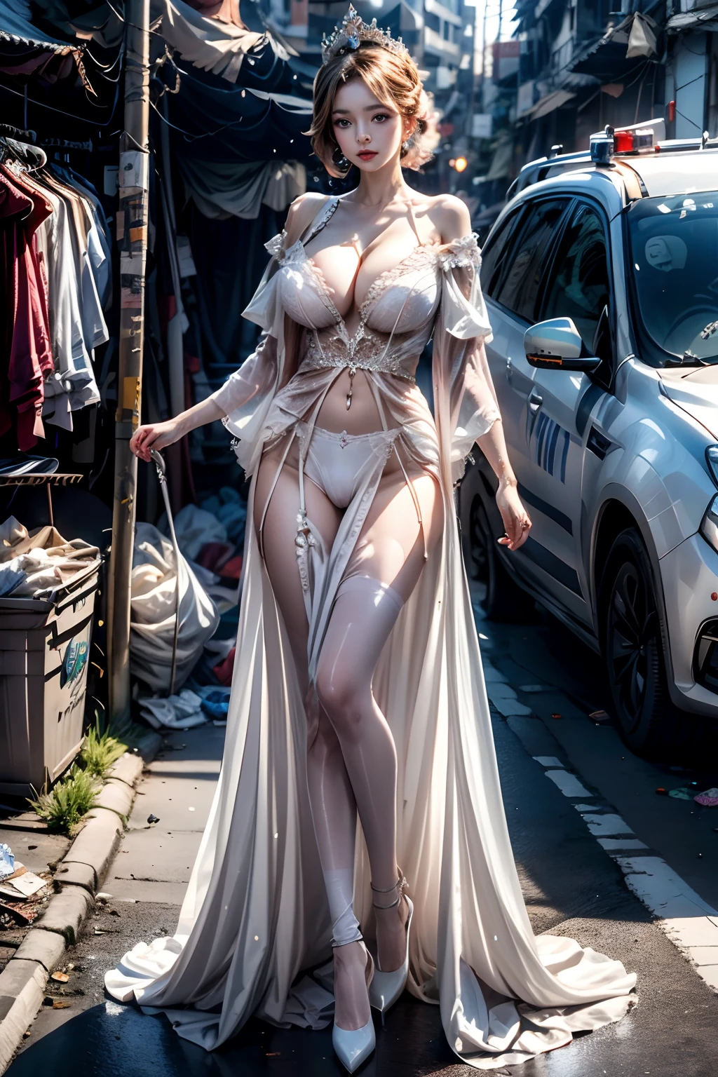 Crime Princess, Slum, Garbage Everywhere, Crawling: 2, Luxury Jewelry, Princess Crown, Shoulder Evening Gown, Commuting High Heels, White Stockings, Exposed Bottoms, Big Breasts Sagging, White Skin, 8K,