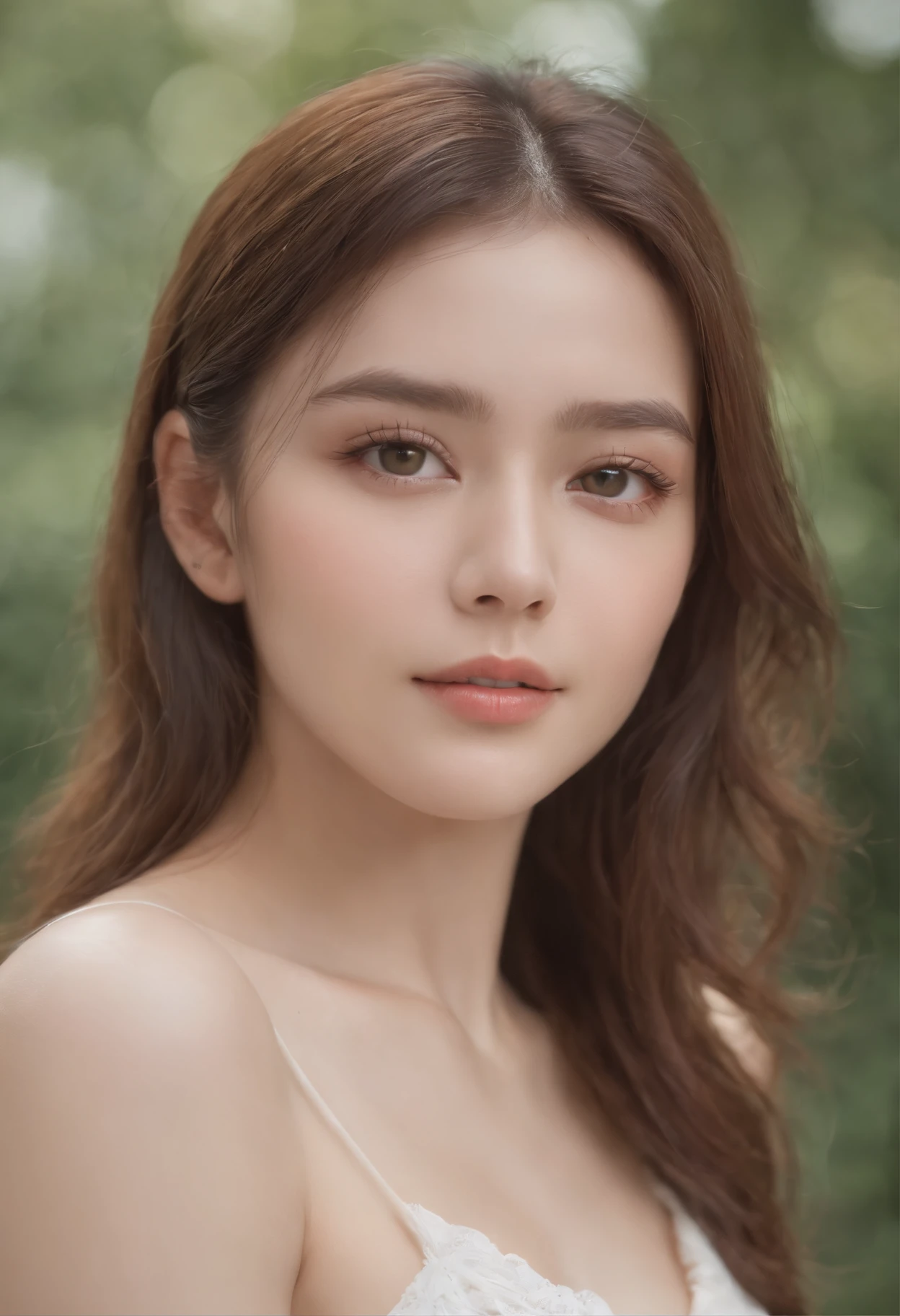 masutepiece,Best Quality:1.4),(8K,Photo RAW,Photorealista:1.2),(glowy skin),detailedskin,Detal Face,A detailed eye,1girl in、The upper part of the body,Extremely beautiful face,Brown hair、Stay outside、Clear skies、tshirts、Sheer nipples、big breasts、