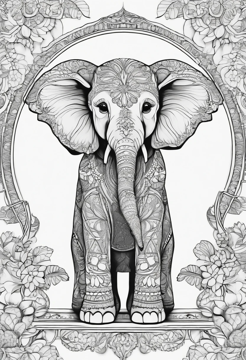 coloring page of cute baby elephant, only line drawing, no color,