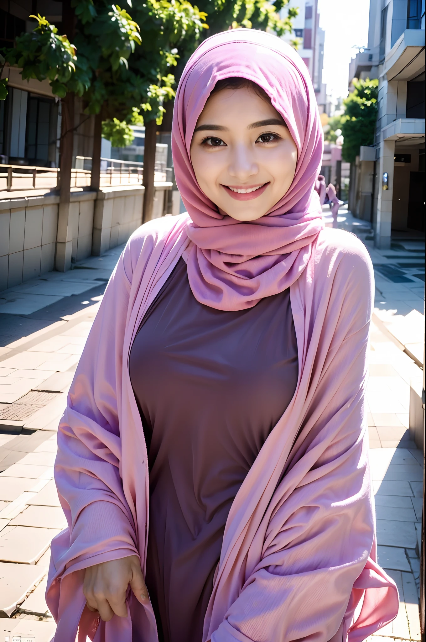 arafed woman wearing a pink scarf and a pink head scarf, a picture inspired by Naza, tumblr, hurufiyya, hijab, slight cute smile, with lovely look, with a beautifull smile, faridah malik, siya oum, with cute - fine - face, shy smile, sakimi chan, comming, cute beautiful, lovely smile