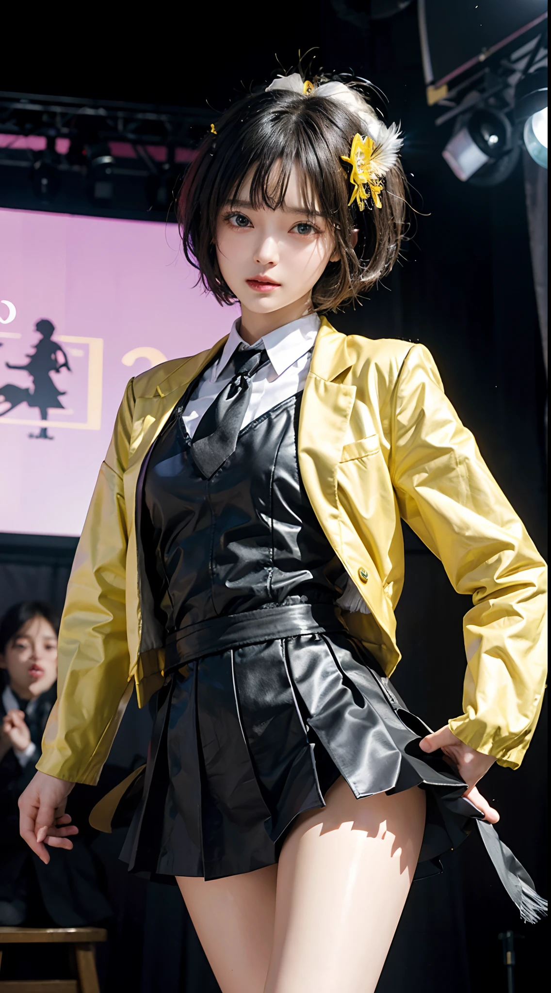 masterpiece、1 Beautiful Girl、A detailed face、A detailed eye、Detailed skin、Detailed hand、top-quality、Illuminated from the front with bright lighting、profetional lighting、Facing straight ahead、The background is a little blurry、The costumes are idol costumes like AKB48(Check short skirt、Jacket feather hair ornament、Cute tie)、Background above live stage(Dancing)、
Some parts of the costume and hair ornament are yellow、
Hairstyle is short hair、With bangs、
Age is 20 years old、
The right arm is spread wide、
The color of the eyeball is black、
Part of the hair is yellow、