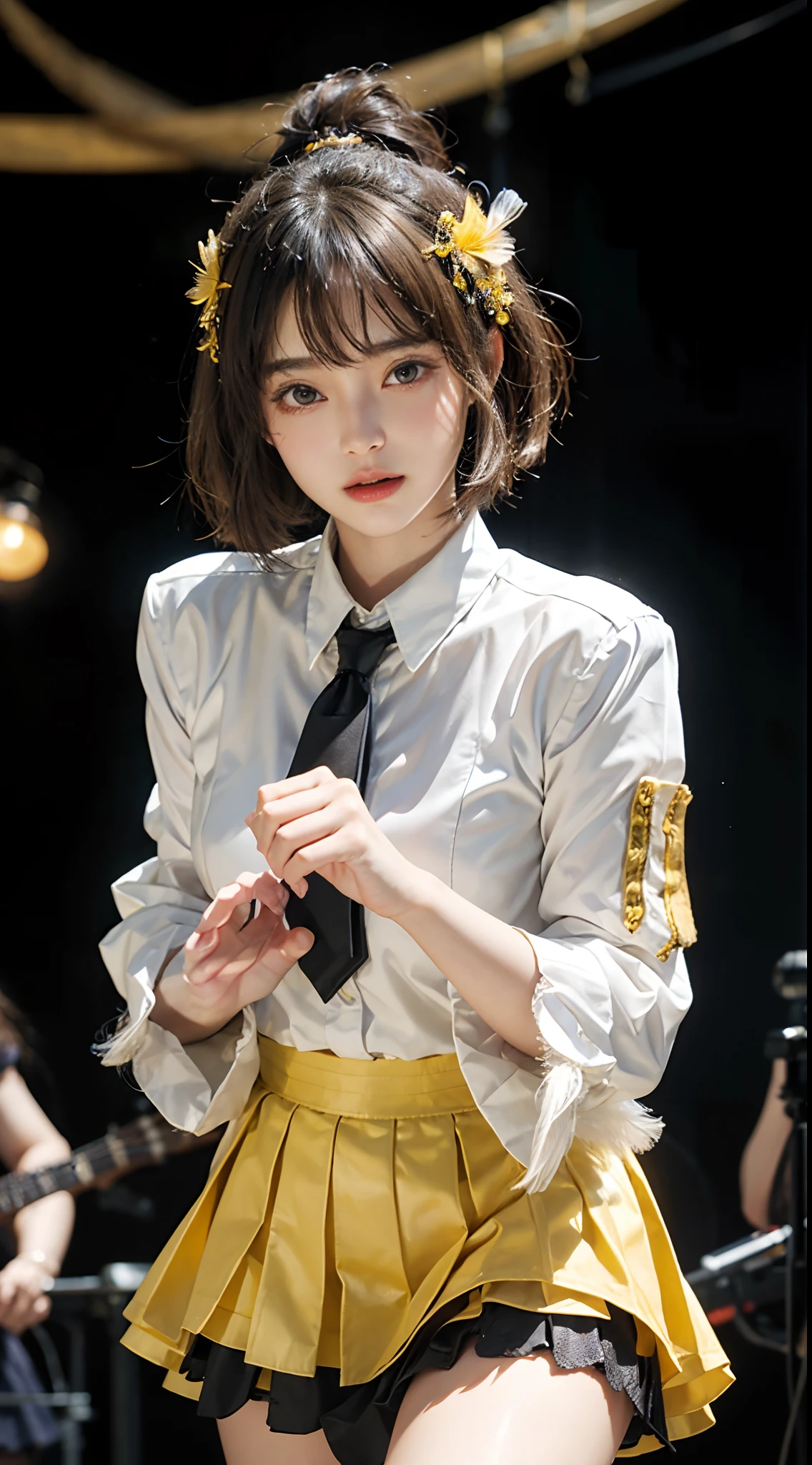 masterpiece、1 Beautiful Girl、A detailed face、A detailed eye、Detailed skin、Detailed hand、top-quality、Illuminated from the front with bright lighting、profetional lighting、Facing straight ahead、The background is a little blurry、The costumes are idol costumes like AKB48(Check short skirt、Jacket feather hair ornament、Cute tie)、Background above live stage(Dancing)、
Some parts of the costume and hair ornament are yellow、
Hairstyle is short hair、With bangs、
Age is 20 years old、
The right arm is spread wide、
The color of the eyeball is black、
Part of the hair is yellow、