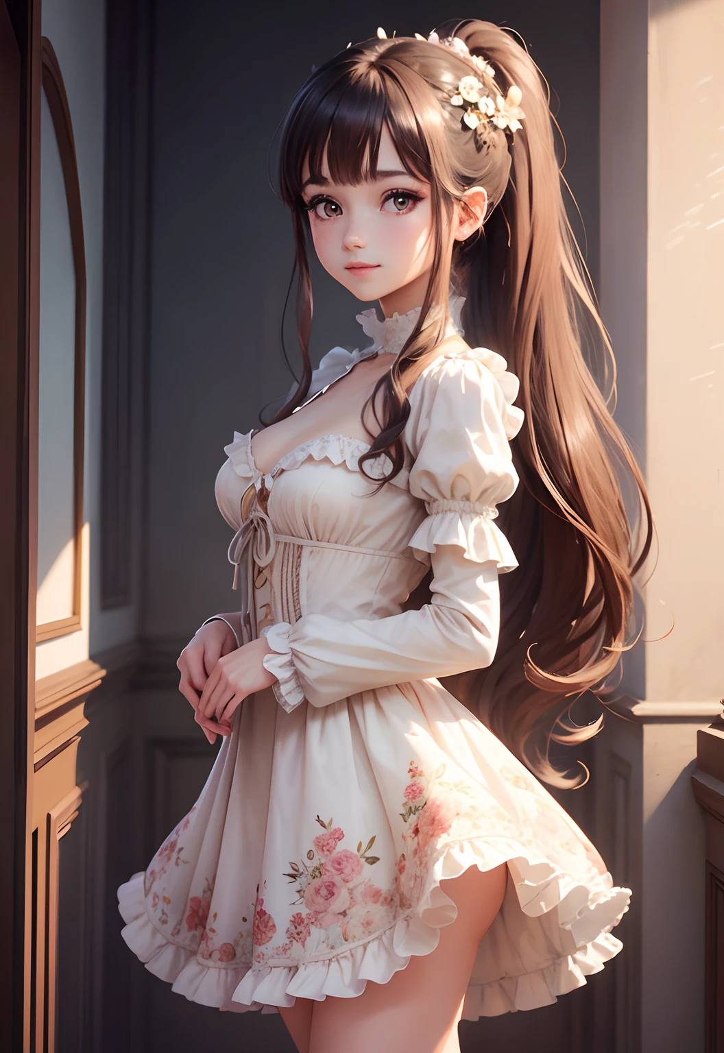 （expressive eyes，)the beautiful and delicate girl, intricate detail, extremely delicate and beautiful, whole body, view straight on, standing, petite, very long hair, wavy hair, bangs, hair between eyes, ponytail, delicate beautiful face, smile, beautiful detailed eyes, parted_lips, delicate hands, small_breasts, frilled_dress, boots, floral_print, beautiful detailed sky, bloom, absurdres, Very detailed CG unified 8k wallpaper,