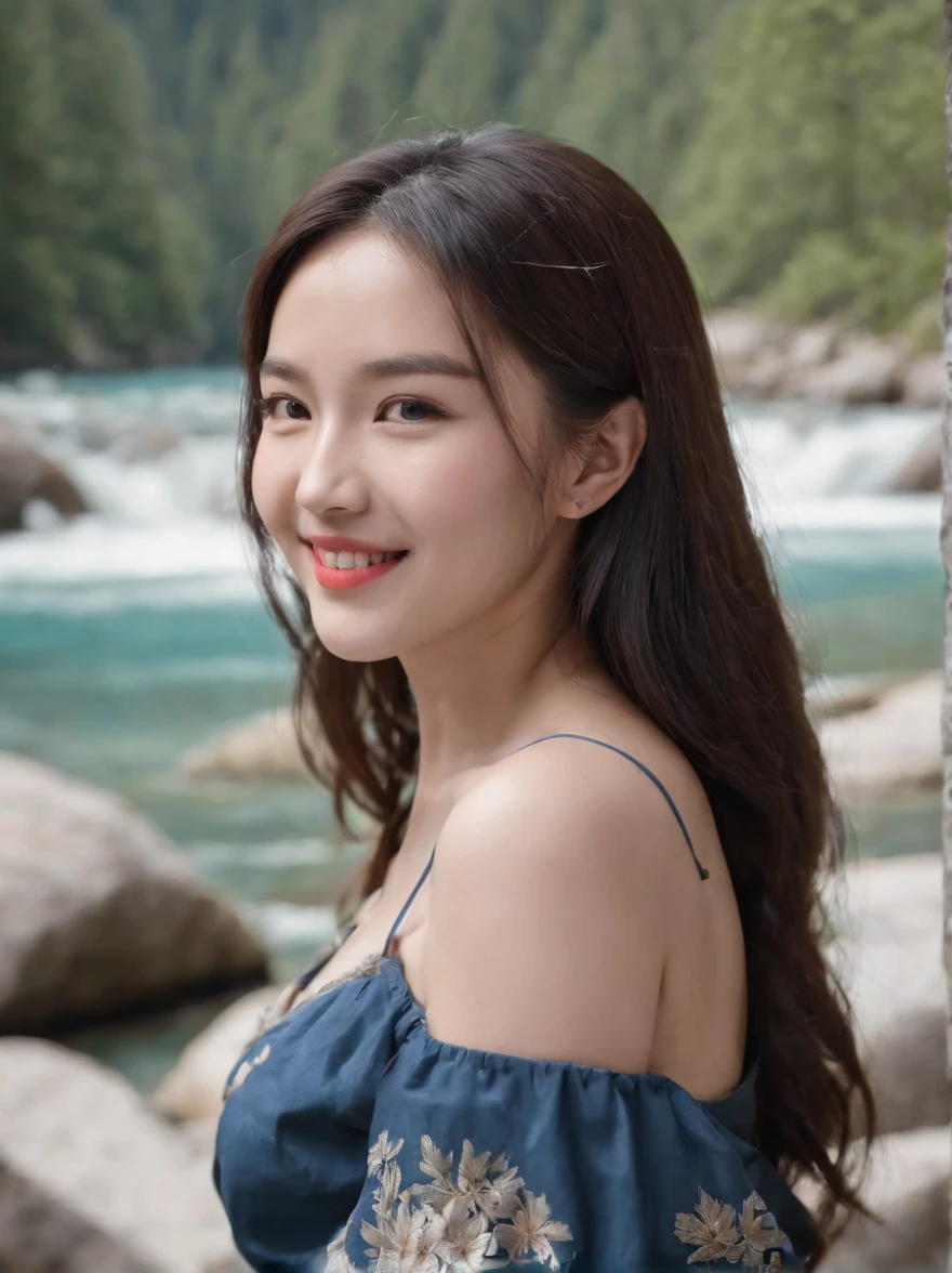 xxmixgirl, a beautiful girl, ((macro photography)), the background is Jiuzhaigou, (Jiuzhaigou), beautiful scenery, realistic portrait, Tibetan clothing, hairstyle, smiling happily, fair skin, black hair, beautiful skirt , 50mm, Canon, no watermark, highly realistic, unique facial features, relaxed and happy, Hasselblad h6d-400c, close-up, happy, optimistic,
