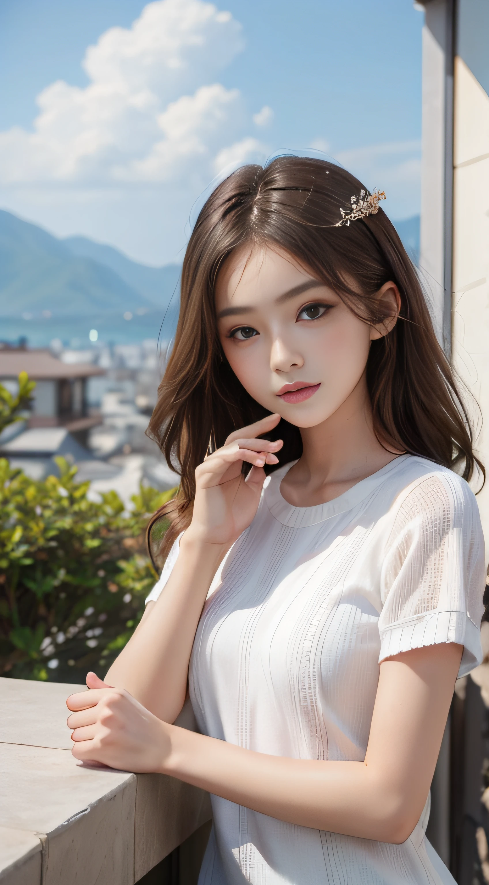 ​masterpiece、Top image quality:1.2、((beautiful young woman with))、Transparent skin:1.2、{A slight smil}、(kawaii)、Very beautiful fingers、Short sleeve knit、luxury hotel、depth of fields