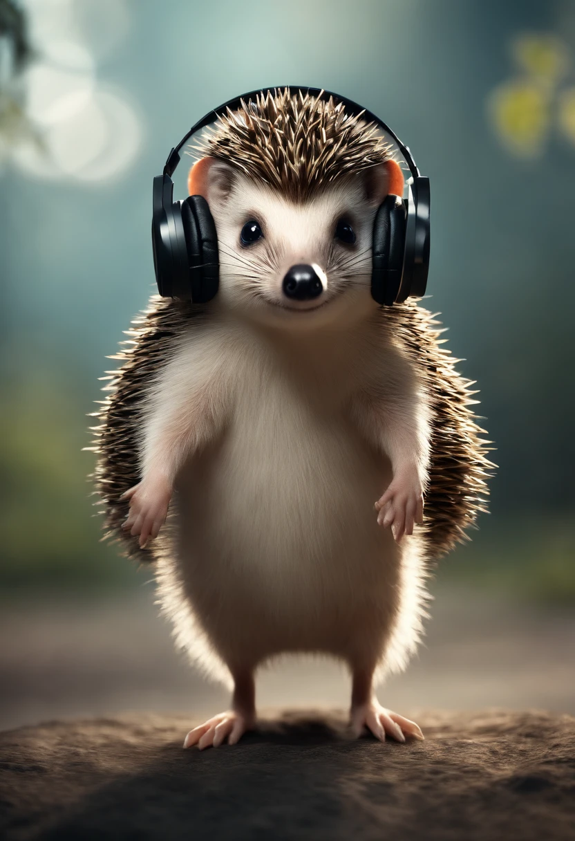 ((masutepiece)), ((Best Quality)), ((hight resolution)), ((finely detail)),hedgehog,Standing on two legs,Wearing headphones,Standing position,Abstract beauty,Dynamic,Cute eyes