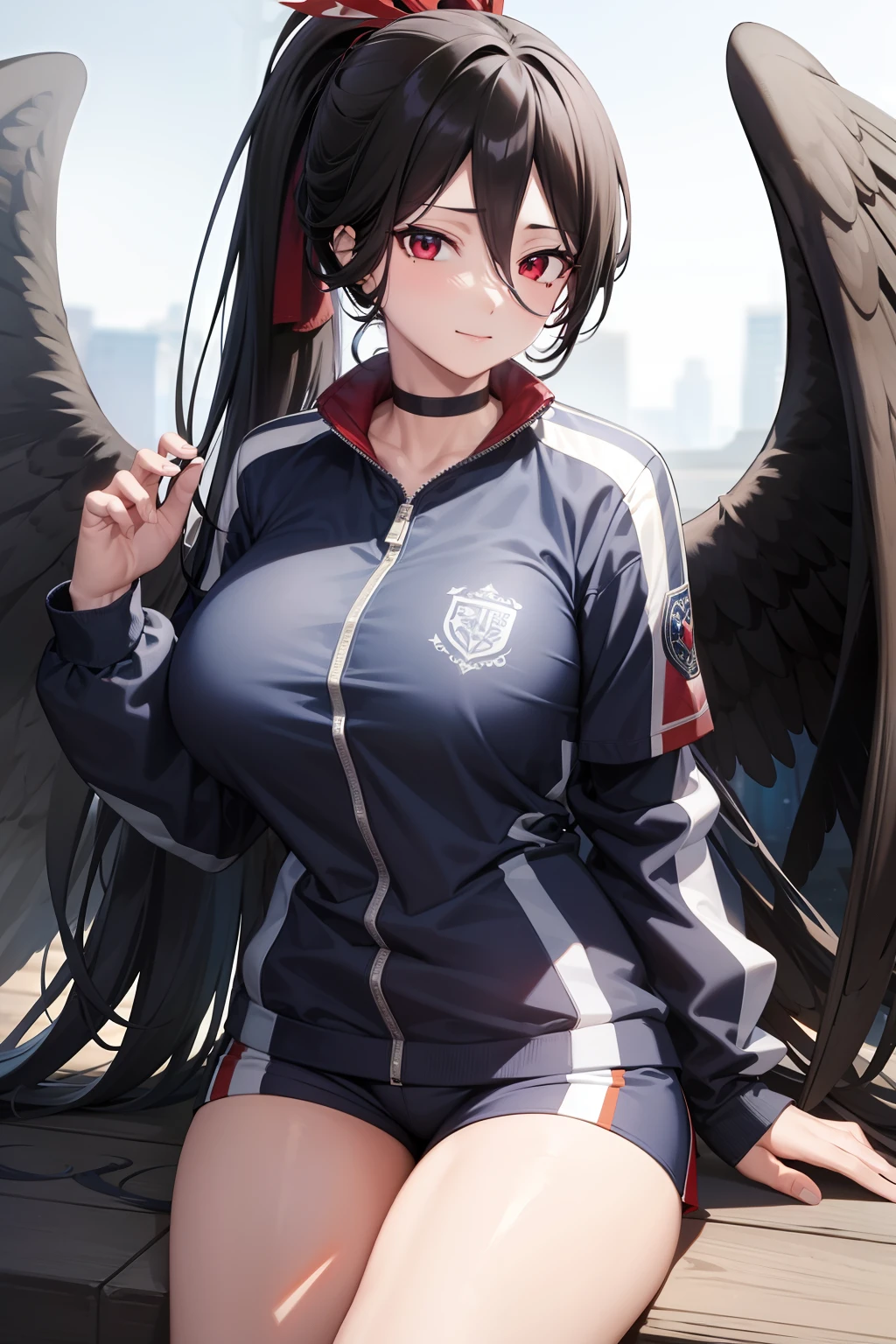 Blue Archive Hasumi, hasumi, Black hair, hair between eye, Long hair, Mole, mole in breast, Mole under the eyes, (Red Eyes:1.5), Wings, Black wings, low wings, Feathered wings, (large full breasts:1.2),Blake Blue Jacket, Blue shorts, Choker, 鎖骨, gymnastic suit, High Ponytail, Jacket, Long sleeves, official alternate costume, Shirt, Short shorts, Shorts,  White shirt,BREAK looking at viewer, BREAK (masutepiece:1.2), Best Quality, High resolution, Unity 8k壁纸, (Illustration:0.8), (Beautiful detailed eyes:1.6), extra detailed face, Perfect Lighting, extremely details CG, (Perfect hands, Perfect Anatomy),plein air、outside of house、