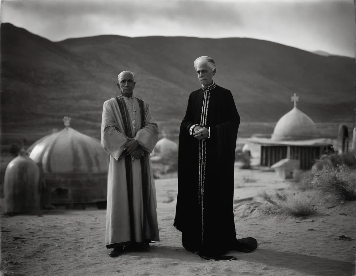 Alien priest from another world, full body, Posando una foto con la gente local, Capturado en blanco y negro, Photograph from 1900, Detallado, Silver gelatin printing, Add noise, Efecto de foto antigua
