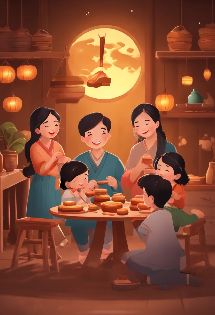 (top-quality、8K、tmasterpiece:1.3)、Full moon and stars in sky illustration，The family sits together eating mooncakes,Mom and dad laugh with the kids，Have in the living room、Bright house scene，extremely detailed face and skin，Heartwarming scene，perfect  detail